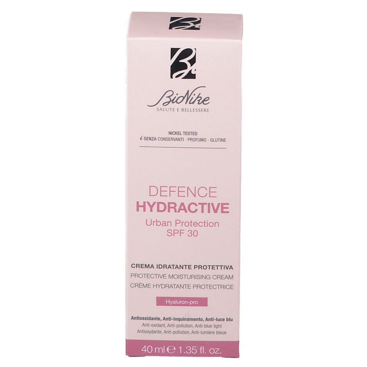 Scatola rosa con testo bianco. Contiene "Defence Hydractive Urban Protection SPF 30". Marchio: BioNike. 40 ml.