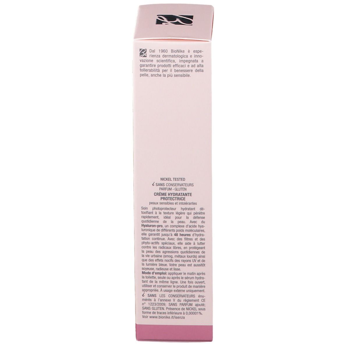 Lato di una scatola rosa. Contiene testo in più lingue. Marchio: BioNike. 40 ml.