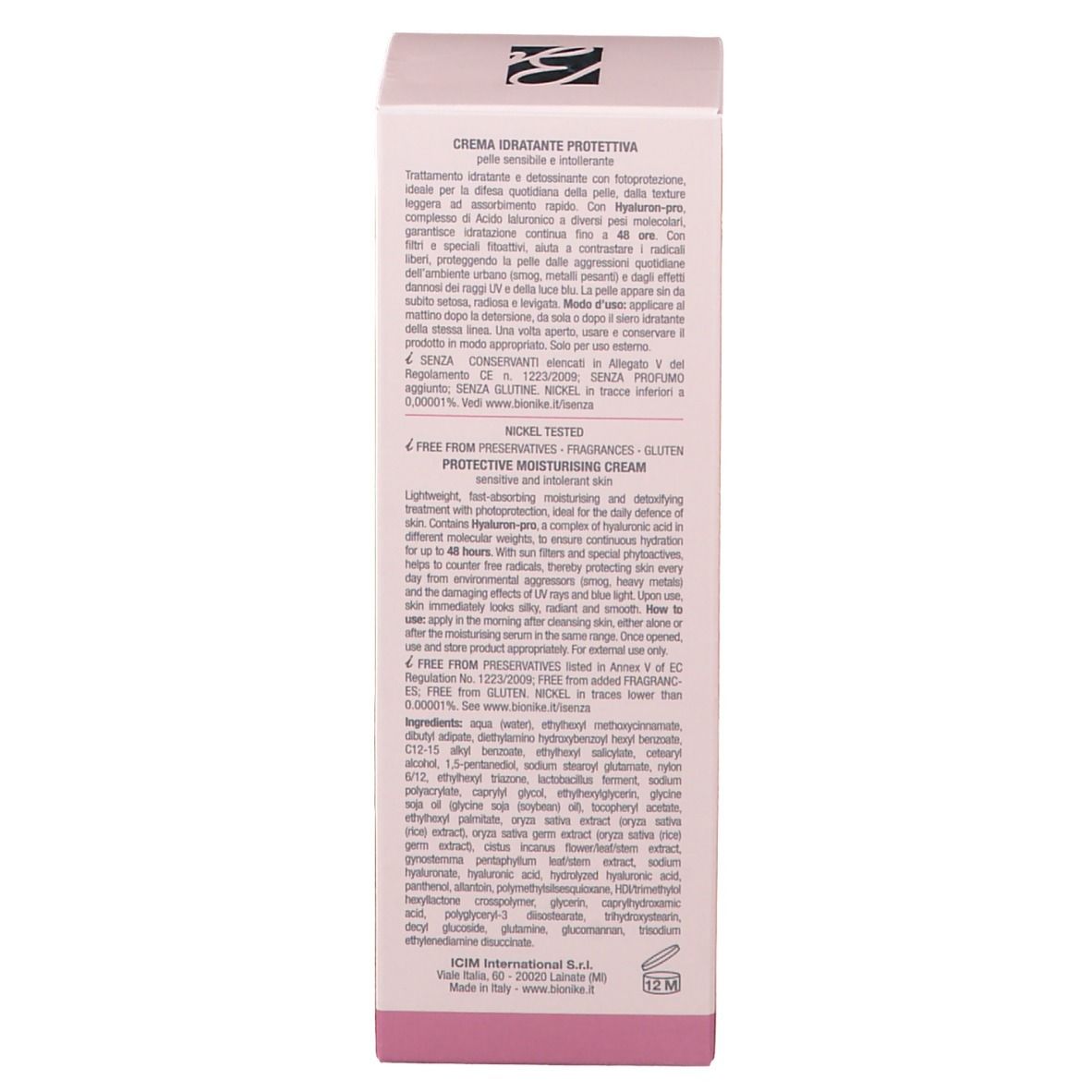 Retro di una scatola rosa. Contiene testo in più lingue. Marchio: BioNike. 40 ml.