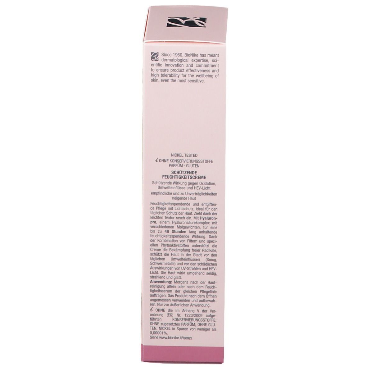 Lato di una scatola rosa. Contiene testo in più lingue. Marchio: BioNike. 40 ml.