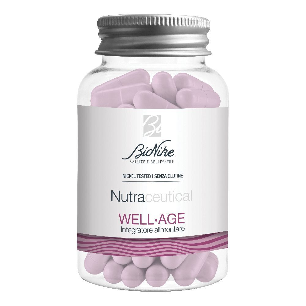 Flacone in vetro con capsule rosa. Scritta: BioNike, Nutraceucal WELL-AGE, Nickel Tested, Senza glutine.