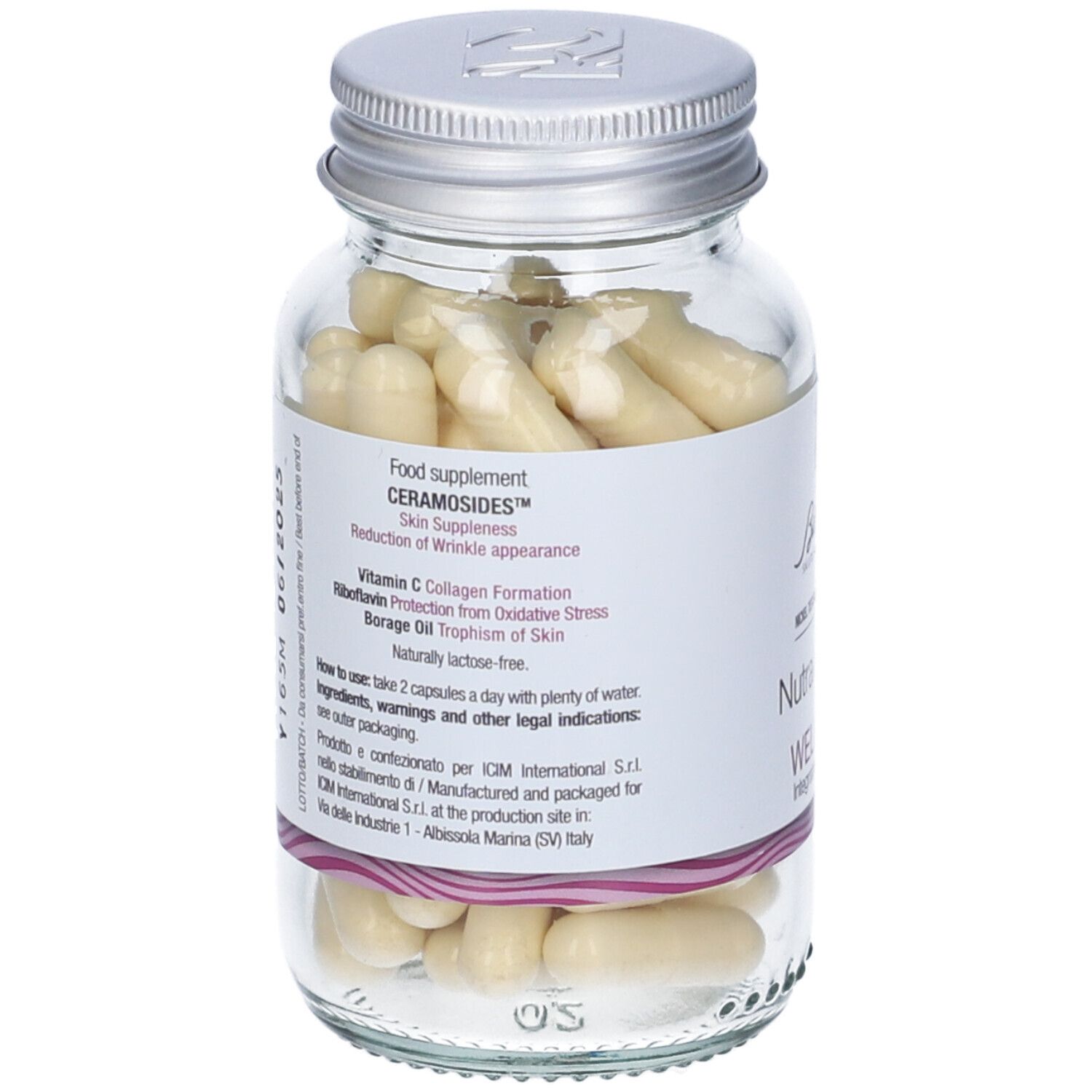 Retro del flacone in vetro con capsule gialle. Scritta: CERAMOSIDES, Vitamina C, Riboflavina, Olio di borragine. Senza glutine.