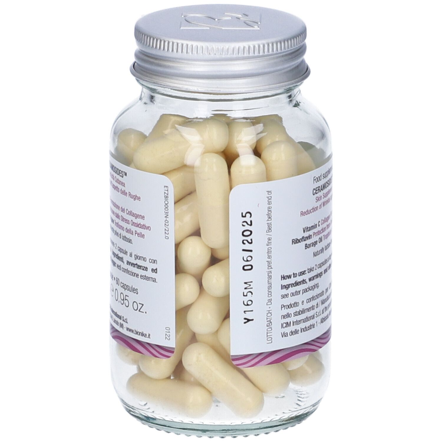 Retro del flacone in vetro con capsule gialle. Scritta: CERAMOSIDES, Vitamina C, Riboflavina, Olio di borragine. Scadenza 06/2025.