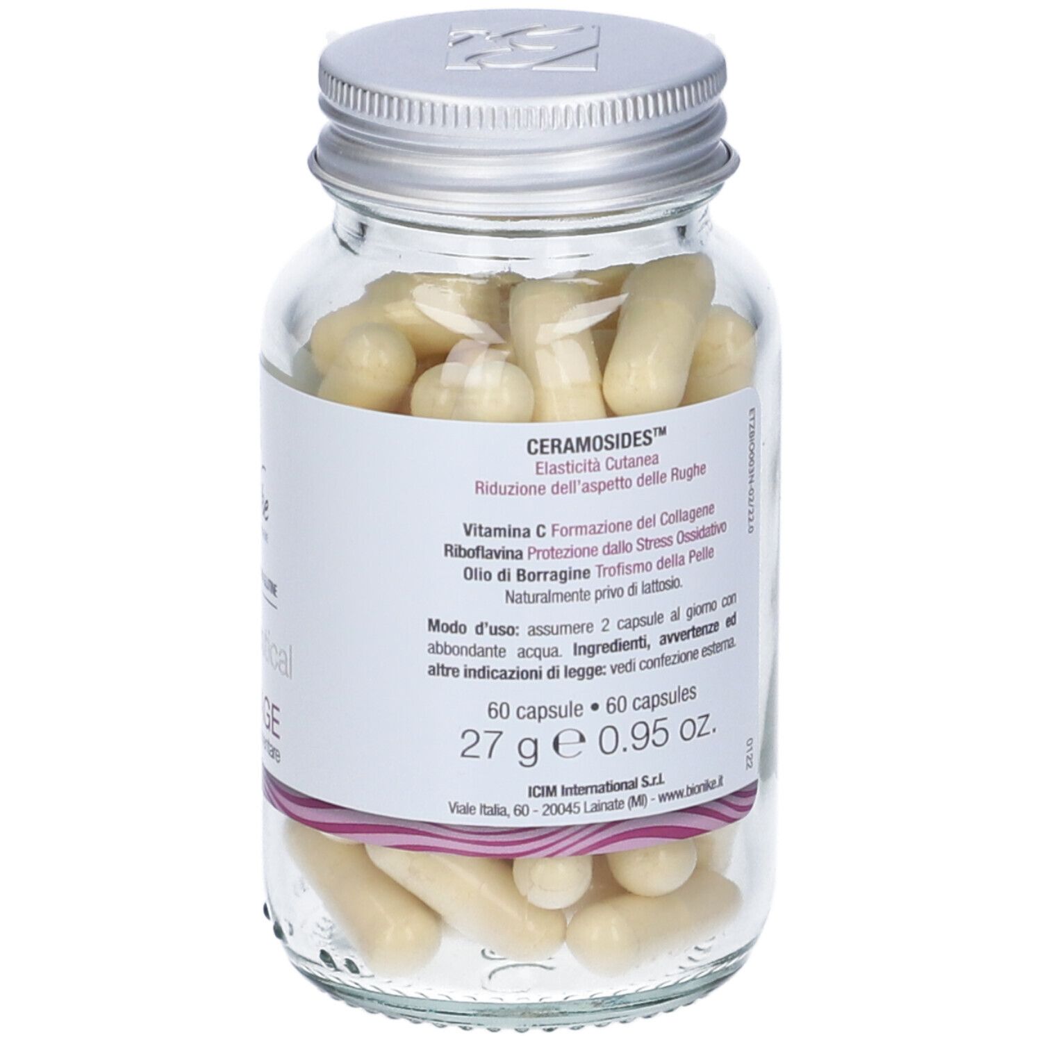 Flacone in vetro con capsule gialle. Scritta: CERAMOSIDES, Vitamina C, Riboflavina, Olio di borragine. 60 capsule, 27g.
