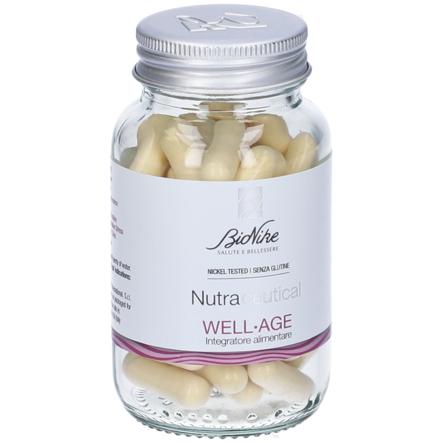 Flacone in vetro con capsule gialle. Scritta: BioNike, Nutraceucal WELL-AGE, Nickel Tested, Senza glutine.