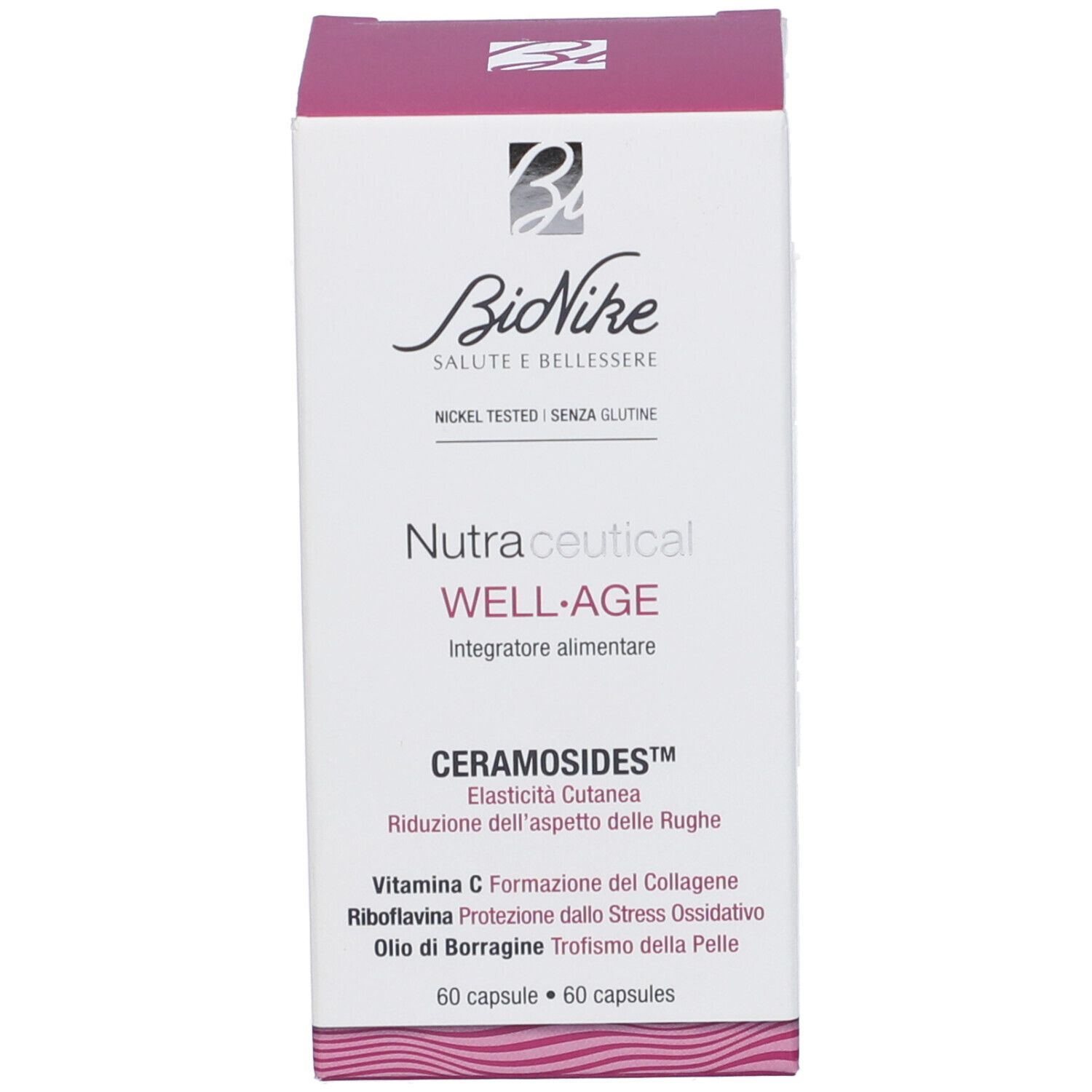 Scatola con scritta: BioNike, Nutraceucal WELL-AGE, CERAMOSIDES, 60 capsule.