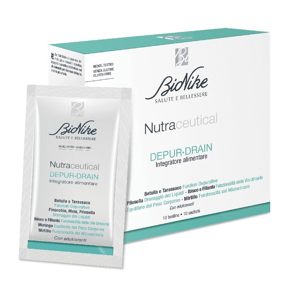 BioNike Nutraceutical DEPUR DRAIN. Bustina e scatola bianca. Scritta: Nutraceutical, DEPUR-DRAIN, Integratore alimentare.