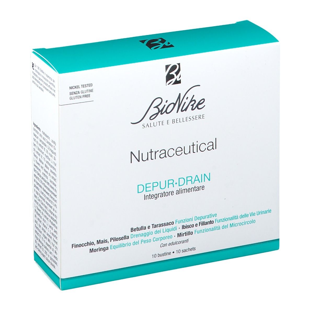 BioNike Nutraceutical DEPUR DRAIN. Scatola bianca e turchese. Scritta: Nutraceutical, DEPUR-DRAIN, 10 bustine.