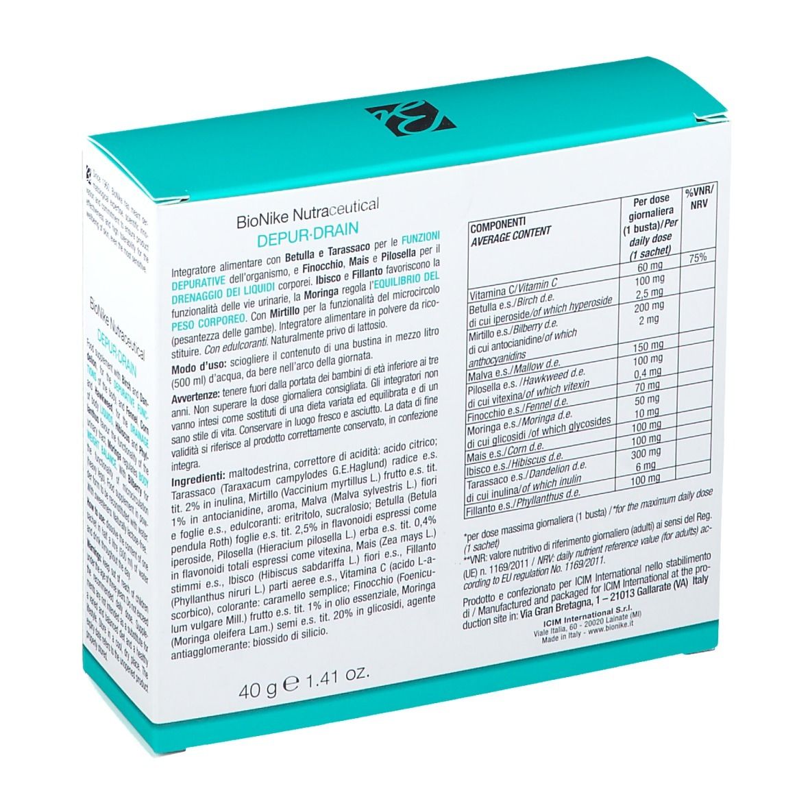 BioNike Nutraceutical DEPUR DRAIN. Retro della scatola. Elenco ingredienti e informazioni nutrizionali.