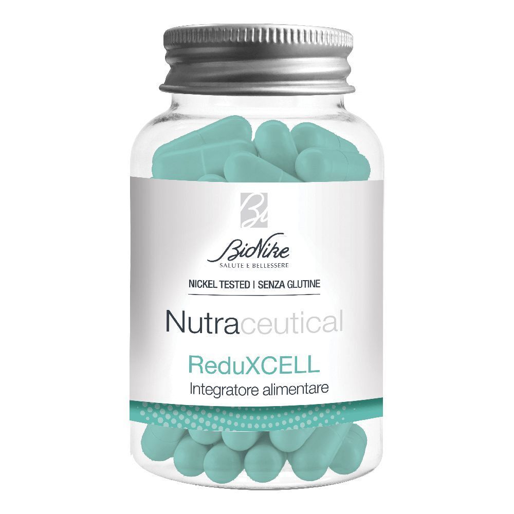 Flacone in vetro con capsule verdi. Scritta: BioNike, Nutraceucal, ReduXCELL, Nickel Tested, Senza glutine.