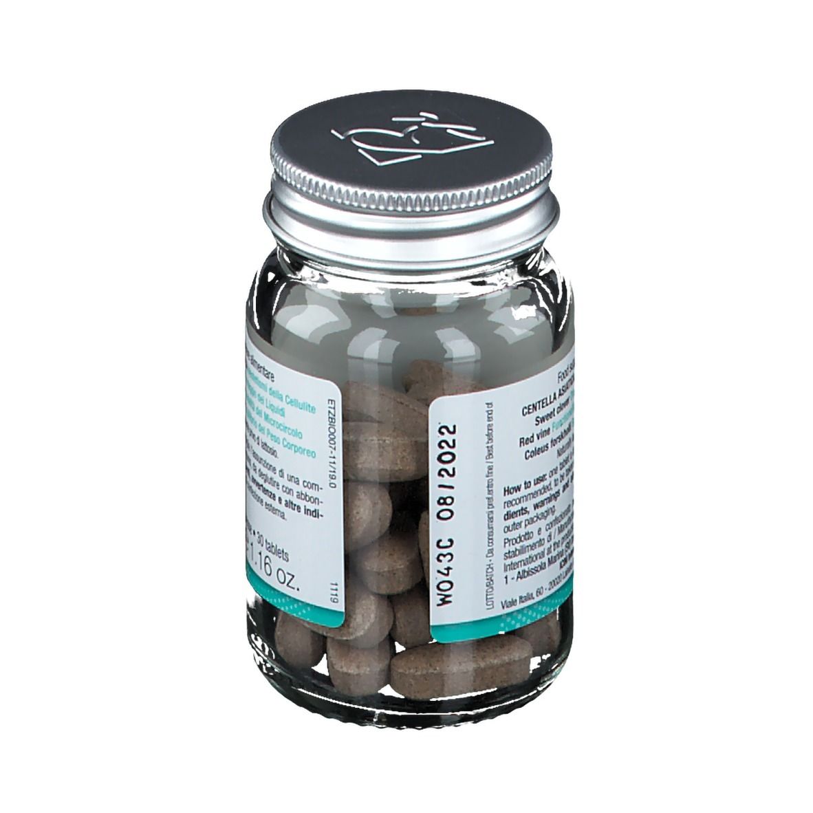 Flacone in vetro con compresse marroni. Scritta: Centella Asiatica, 30 compresse, 33 g, 1.16 oz. Scadenza.