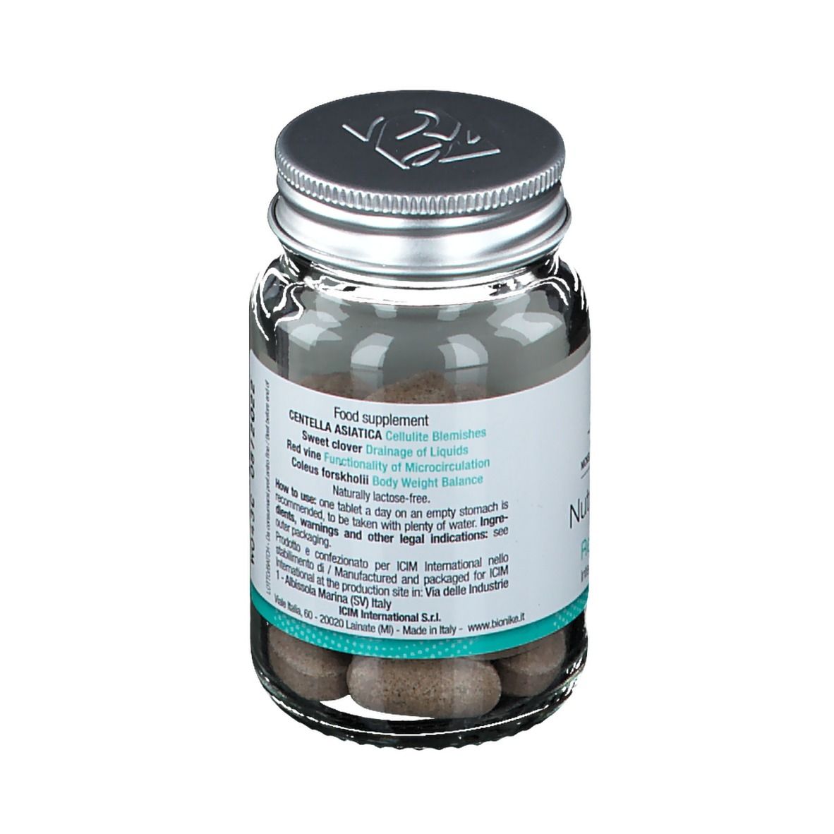 Flacone in vetro con compresse marroni. Scritta: Centella Asiatica, integratore alimentare.