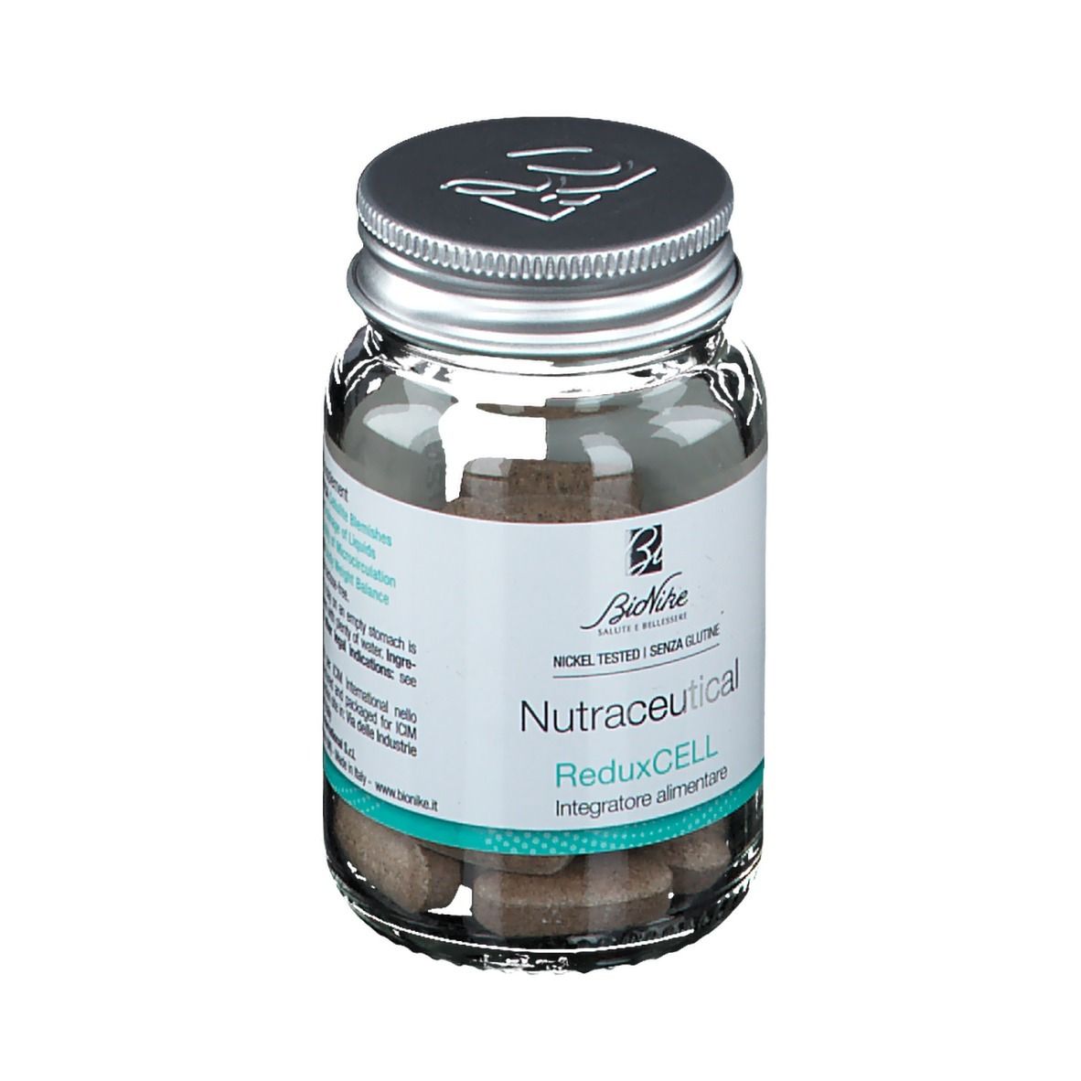 Flacone in vetro con compresse marroni. Scritta: BioNike, Nutraceucal, ReduXCELL, Nickel Tested, Senza glutine.