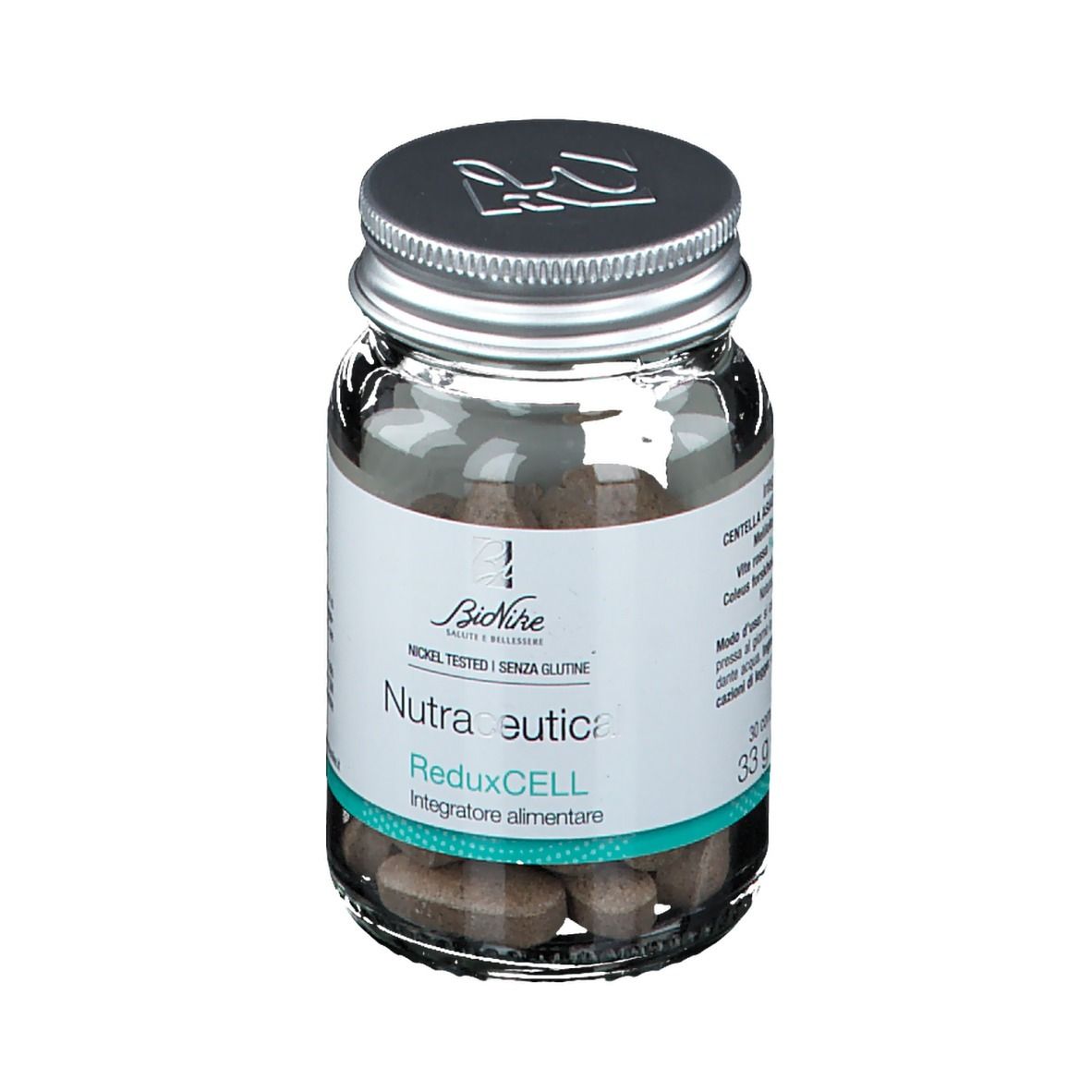 Flacone in vetro con compresse marroni. Scritta: BioNike, Nutraceucal, ReduXCELL, 33 g.
