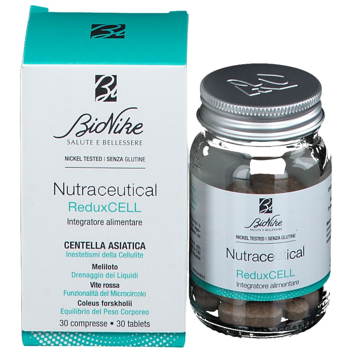 Flacone e scatola. Scritta: BioNike, Nutraceucal, ReduXCELL, Centella Asiatica, 30 compresse.