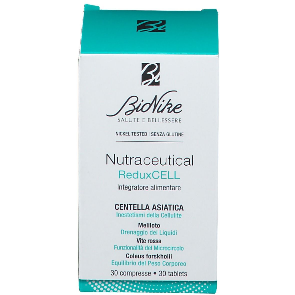 Scatola. Scritta: BioNike, Nutraceucal, ReduXCELL, Centella Asiatica, 30 compresse.