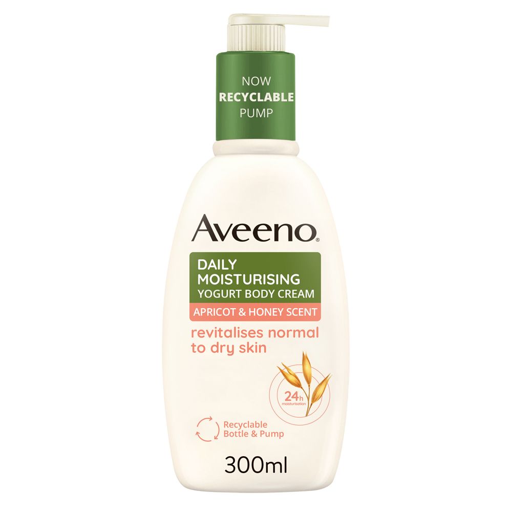 Flacone di crema con dosatore. Scritta: Aveeno, Daily Moisturising, Yogurt Body Cream, profumo albicocca e miele. 300ml.