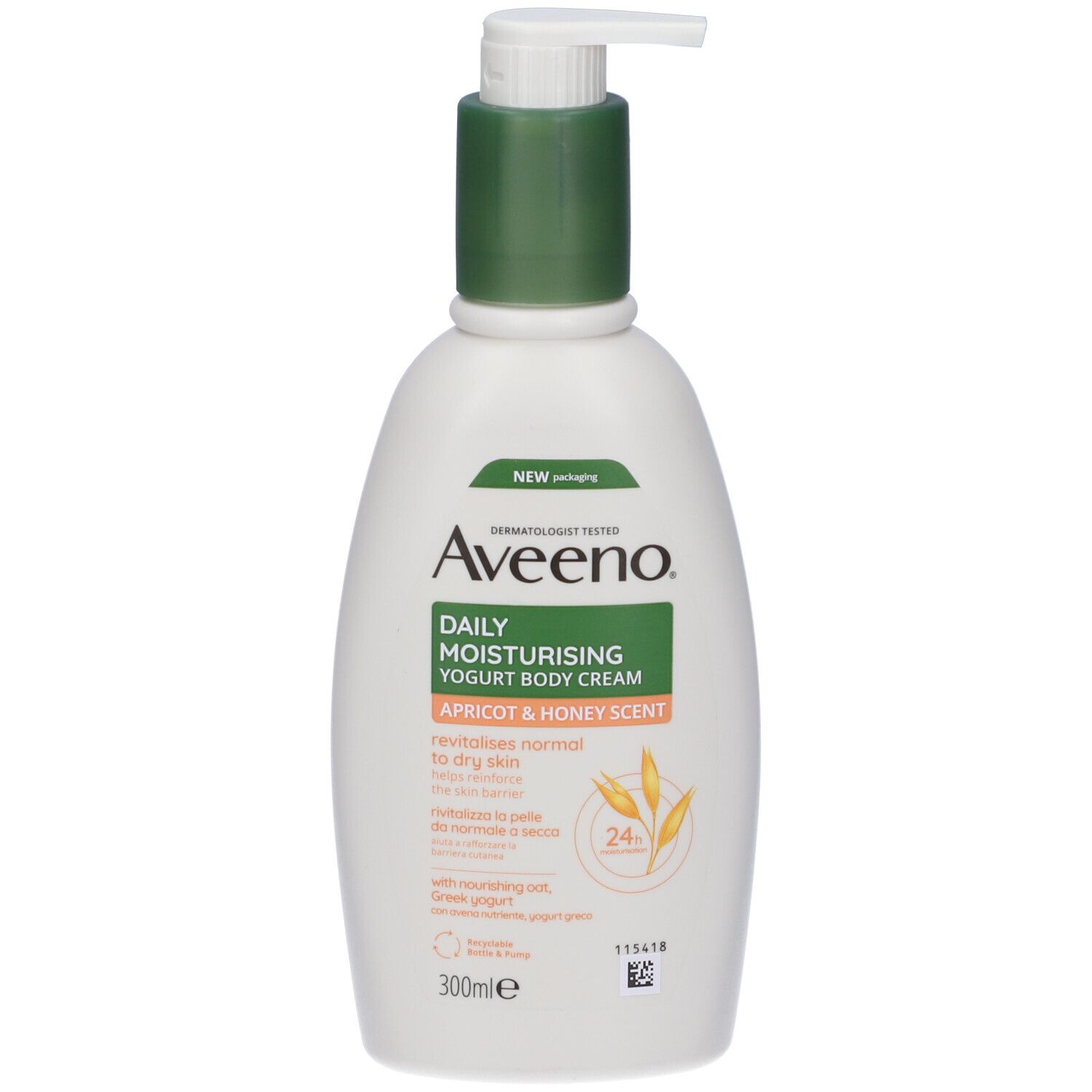Flacone di crema con dosatore. Testo: Aveeno, Daily Moisturising, Yogurt Body Cream, profumo albicocca e miele. 300ml.