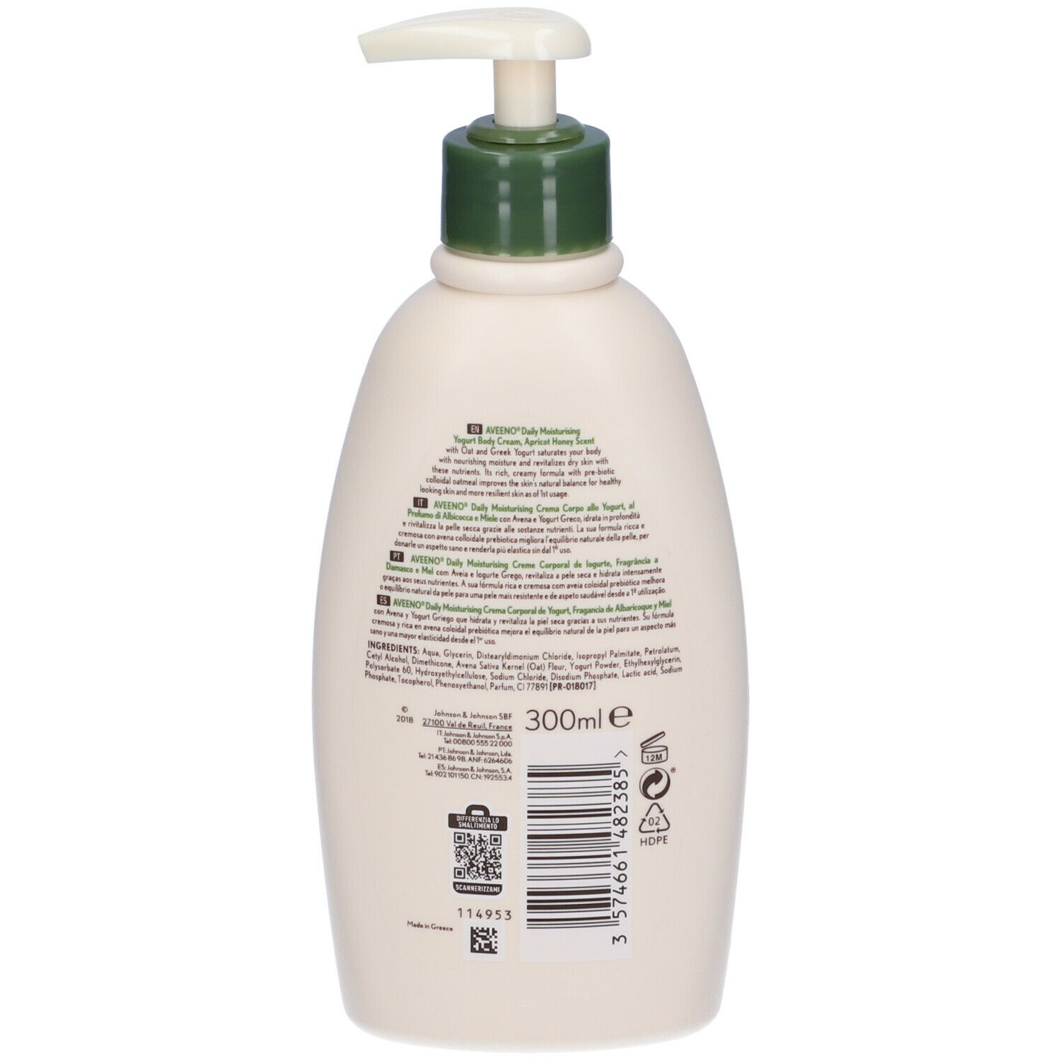 Retro del flacone di crema. Testo: Ingredienti, istruzioni per l'uso, informazioni sul produttore. 300ml.