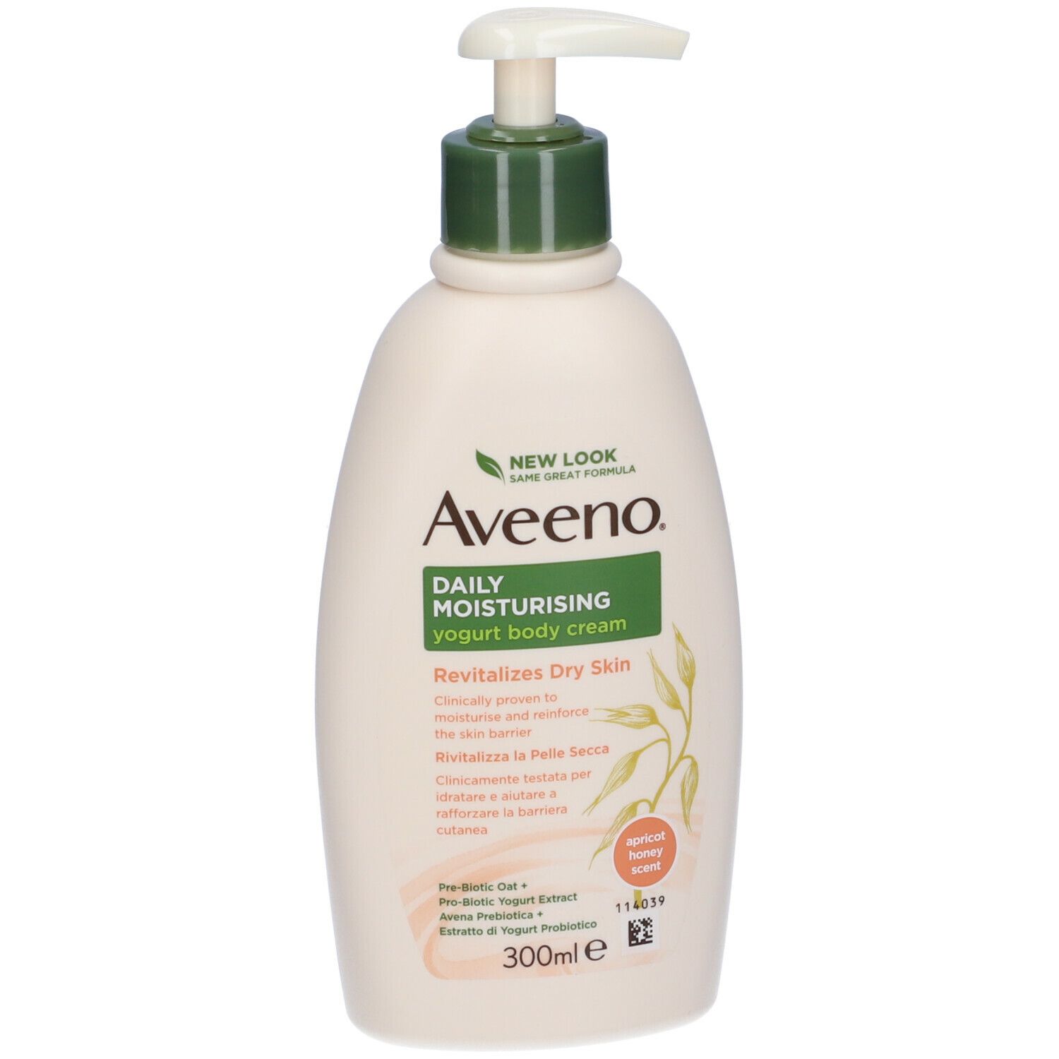 Flacone di crema con dosatore. Testo: Aveeno, Daily Moisturising, Rivitalizza la pelle secca. 300ml.