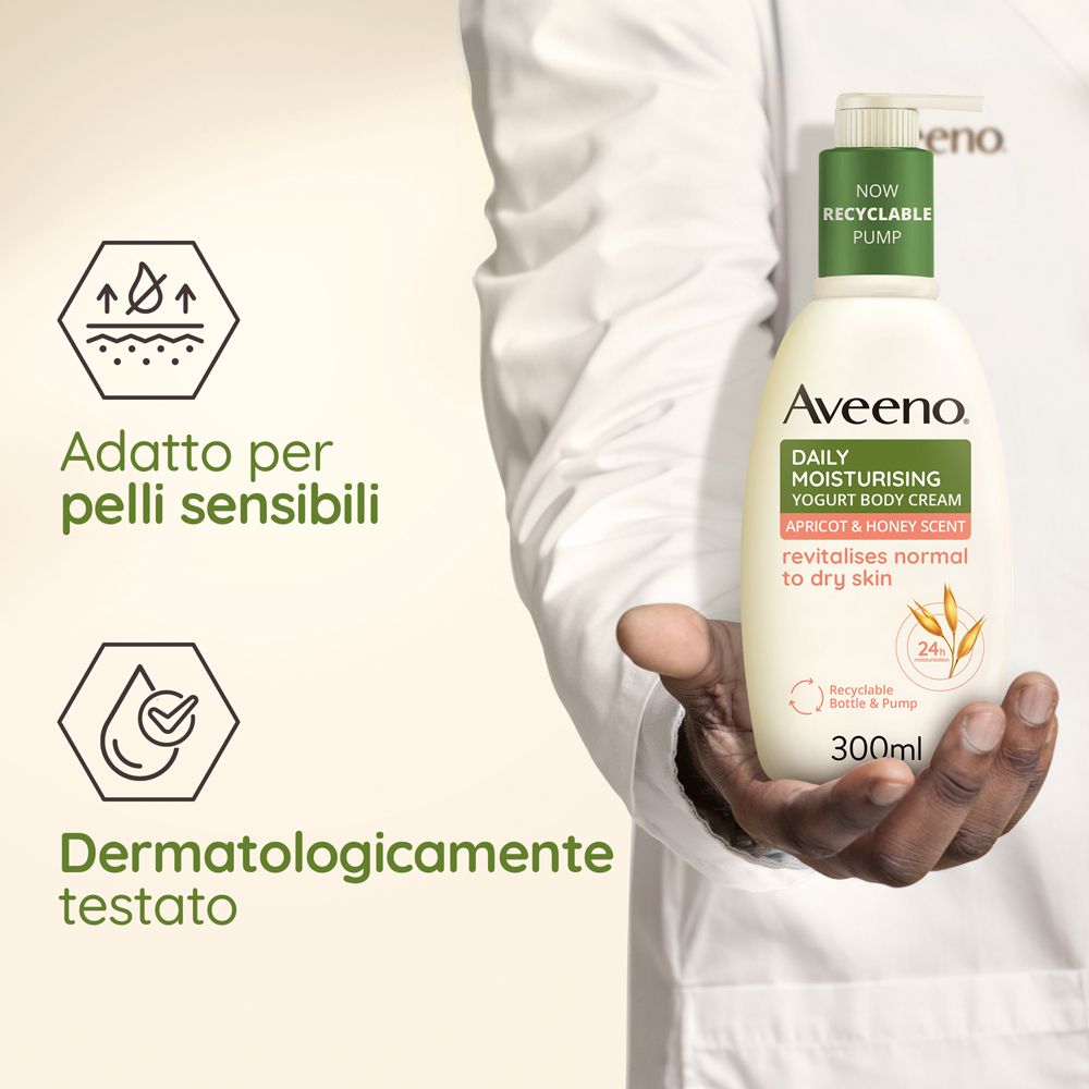 Flacone di crema con dosatore. Testo: Aveeno, Daily Moisturising, Yogurt Body Cream. Dermatologicamente testato. 300ml.