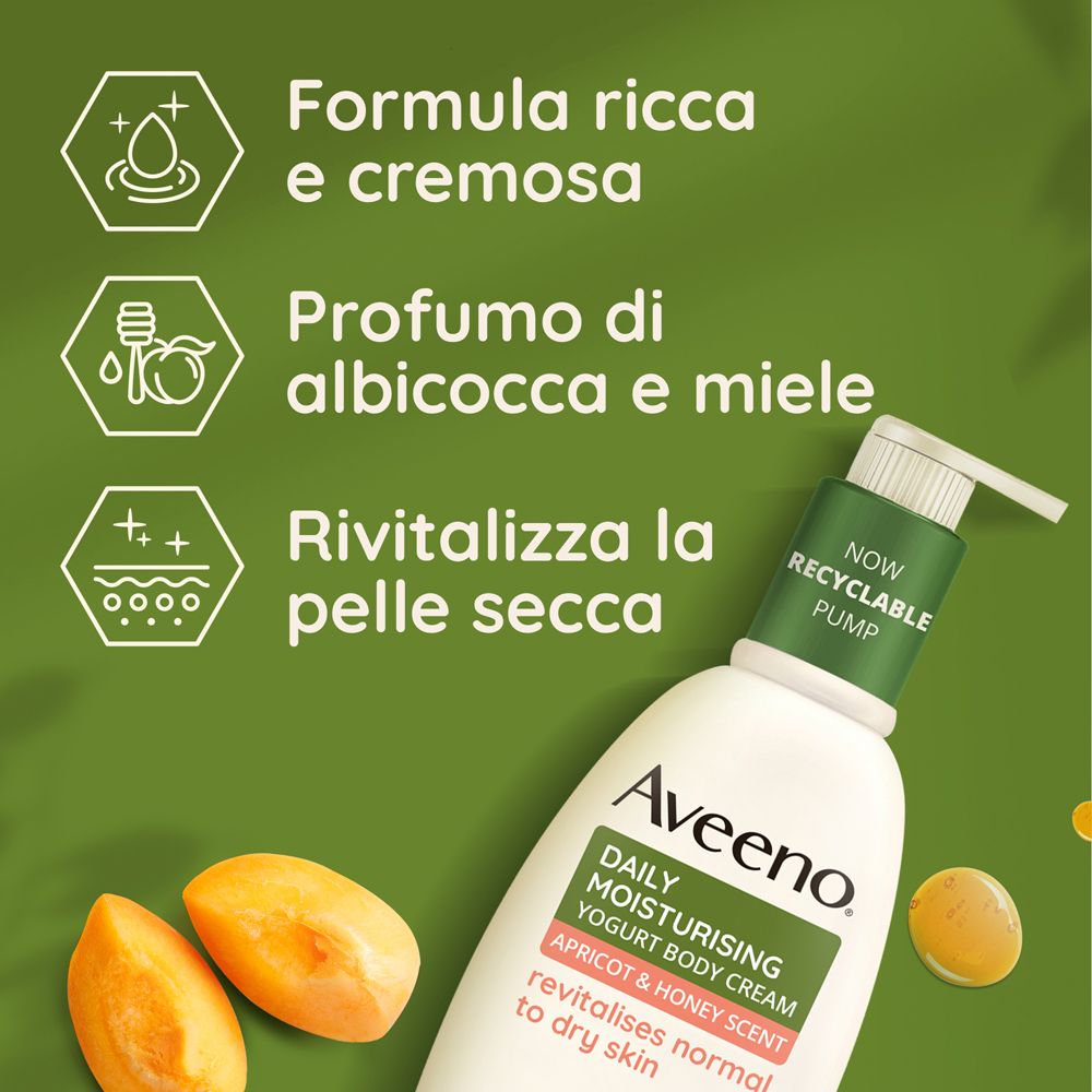 Flacone di crema con dosatore. Testo: Formula ricca e cremosa. Profumo albicocca e miele. Rivitalizza la pelle secca.
