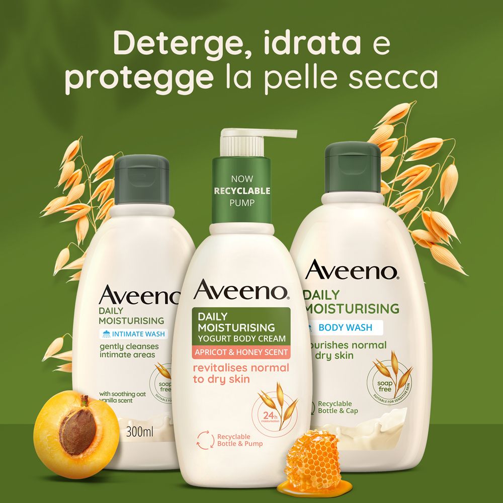 Tre flaconi di crema. Testo: Deterge, idrata e protegge la pelle secca. Albicocca e favo.