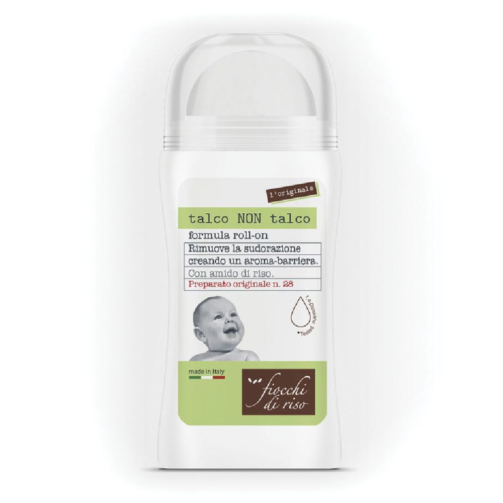 Roll-on-Deo mit weißer Kappe und Etikett. Text: talco NON talco, Fiocchi di Riso. Baby-Illustration.