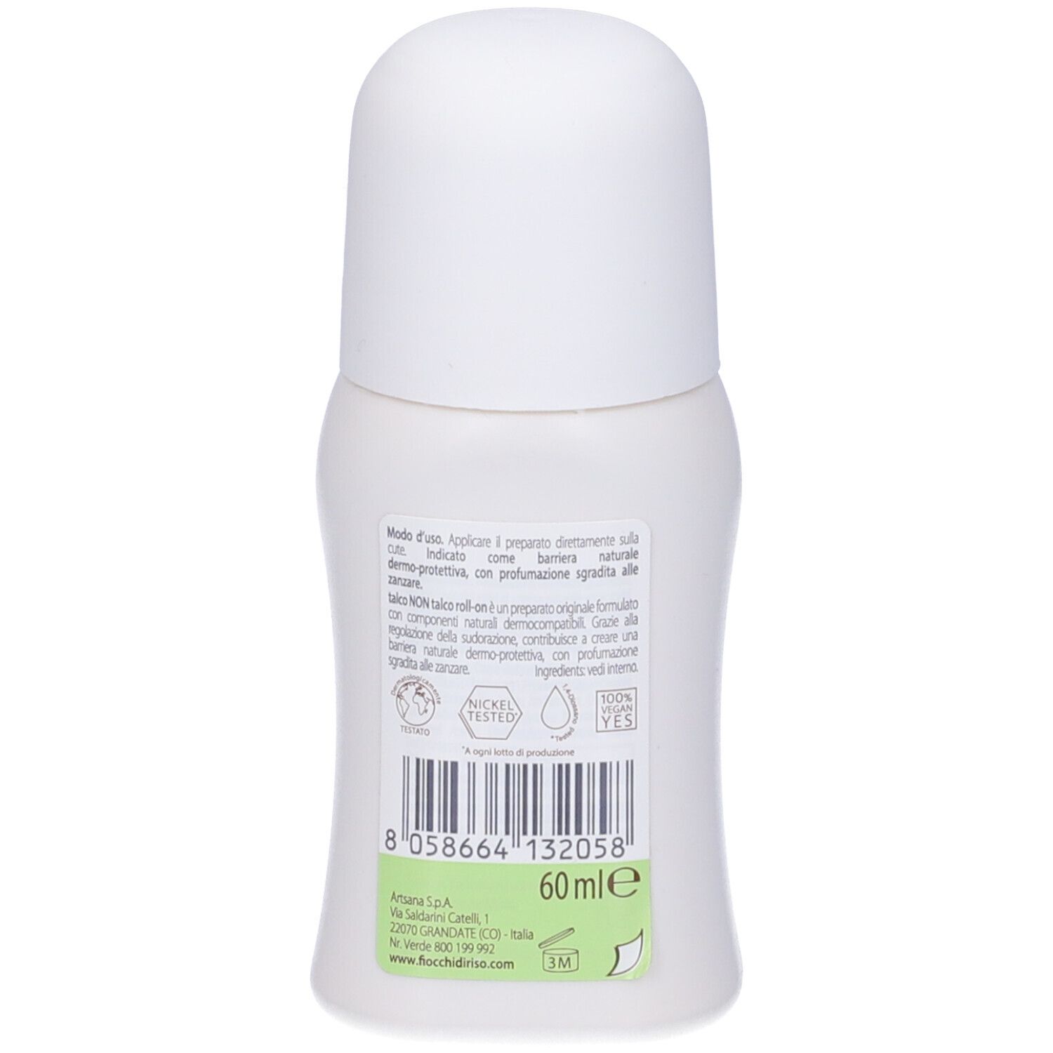 Rückseite eines weißen Roll-on. Etikett mit Text, Barcode, 60ml und Fiocchi di Riso Logo.