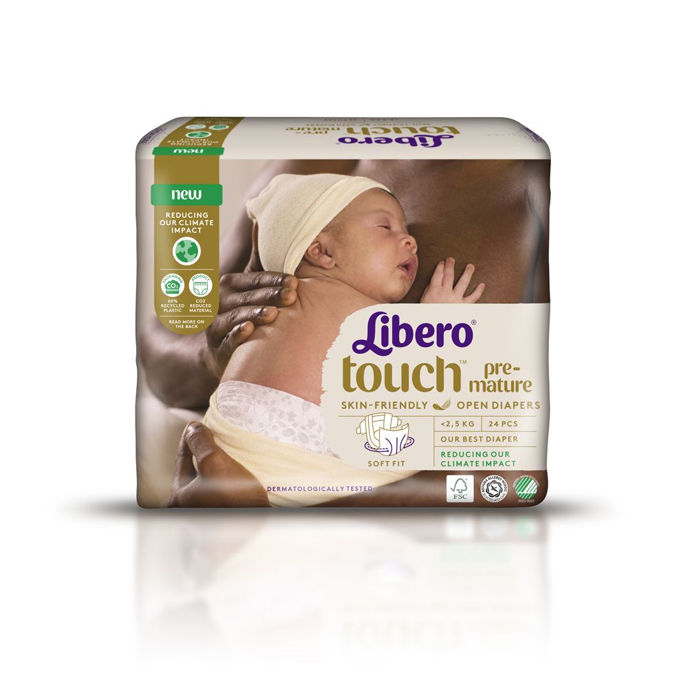 Confezione di pannolini Libero Touch pre-termine. Illustrazione di bambino. Delicati sulla pelle, pannolini aperti. <2,5 kg, 24 pezzi.