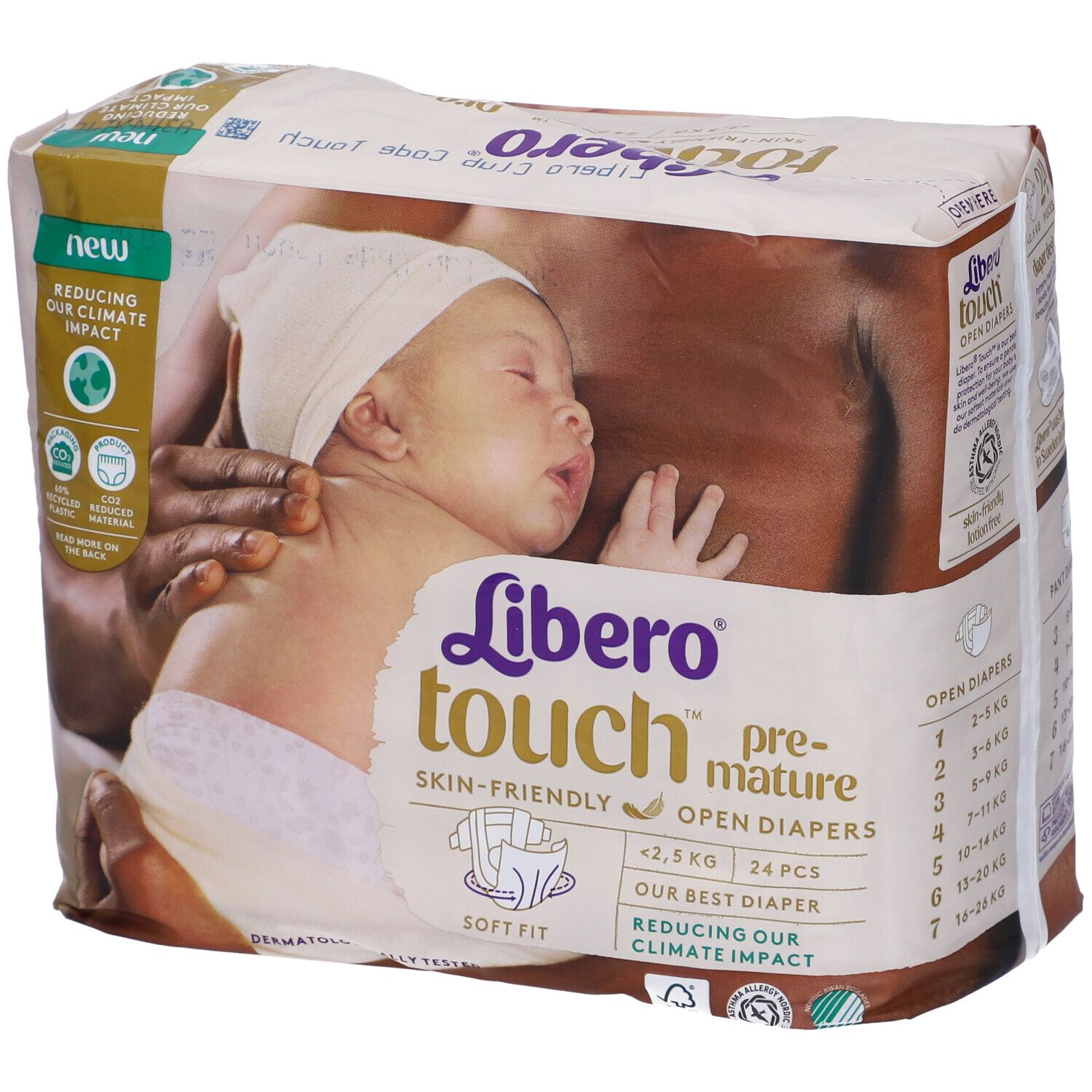 Confezione di pannolini Libero Touch pre-termine. Illustrazione di bambino. Delicati sulla pelle, pannolini aperti. <2,5 kg, 24 pezzi.