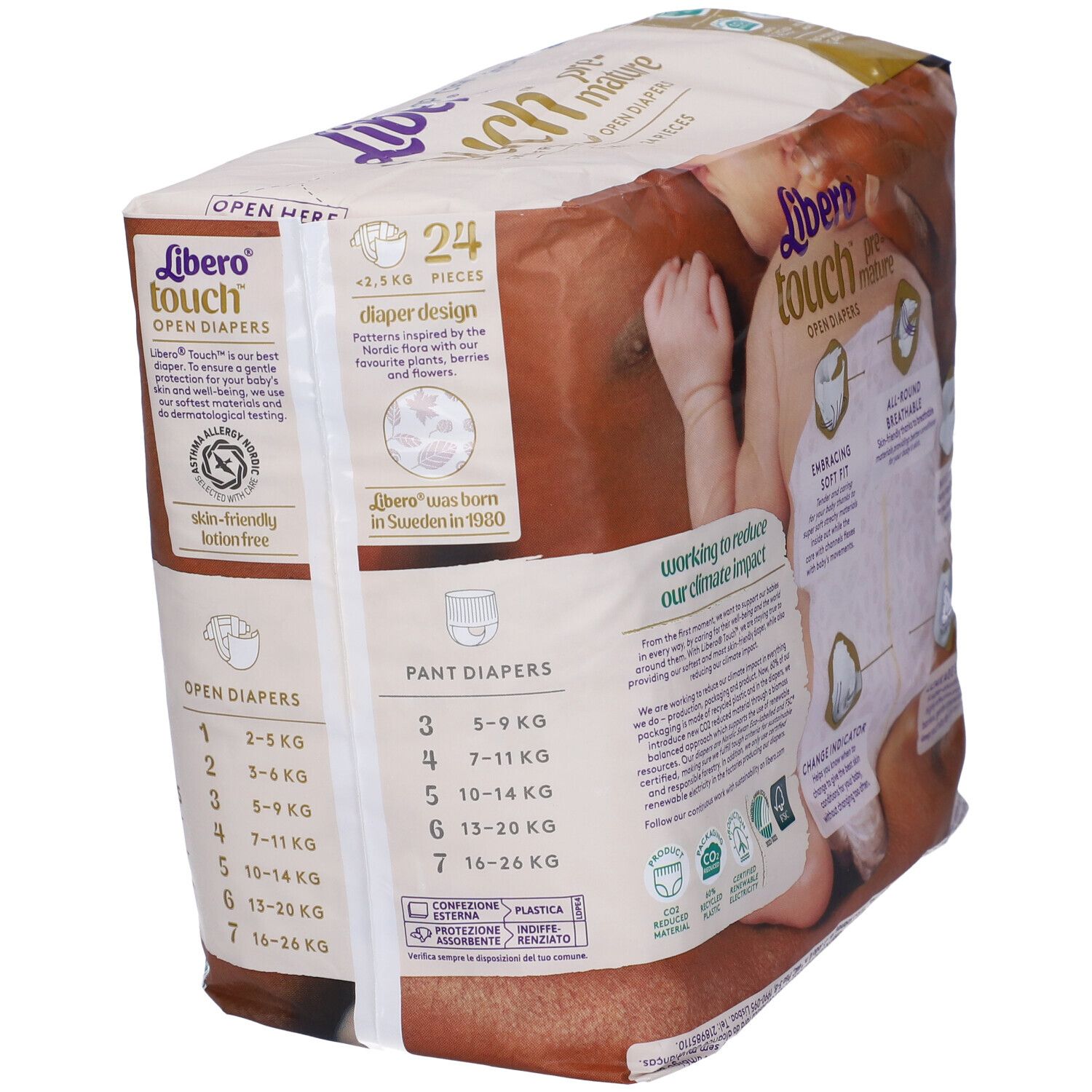 Confezione di pannolini Libero Touch pre-termine. Illustrazione di bambino. Delicati sulla pelle, pannolini aperti. <2,5 kg, 24 pezzi.