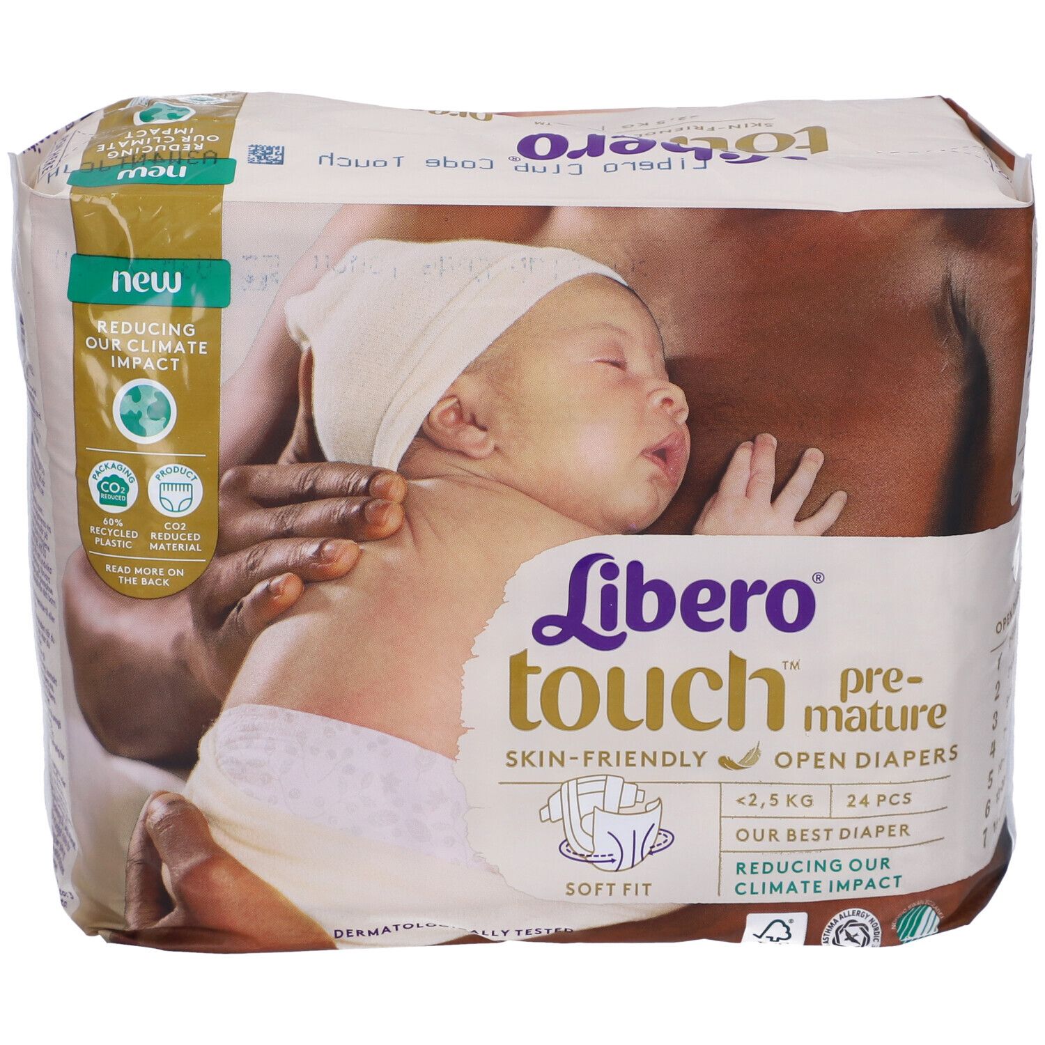 Confezione di pannolini Libero Touch pre-termine. Illustrazione di bambino. Delicati sulla pelle, pannolini aperti. <2,5 kg, 24 pezzi.