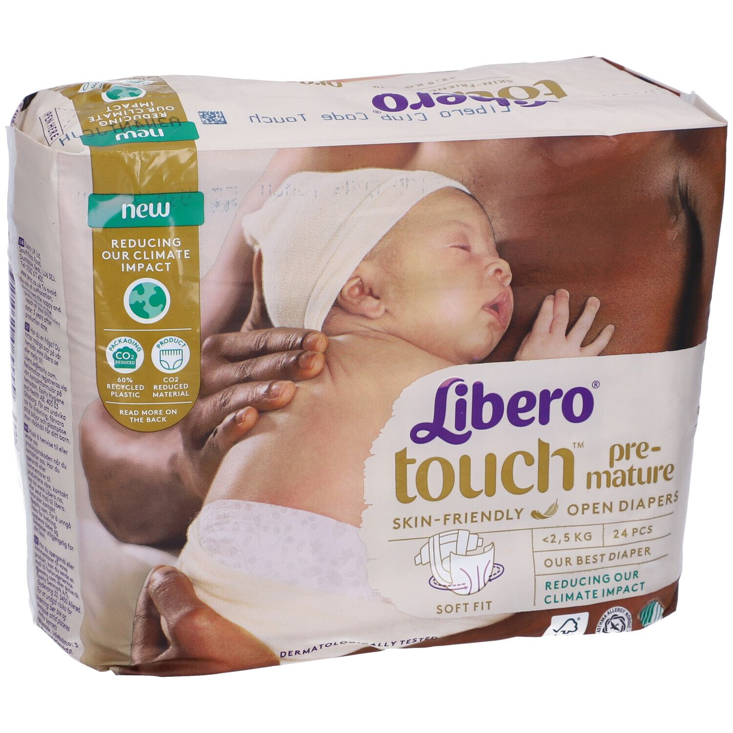 Confezione di pannolini Libero Touch pre-termine. Illustrazione di bambino. Delicati sulla pelle, pannolini aperti. <2,5 kg, 24 pezzi.