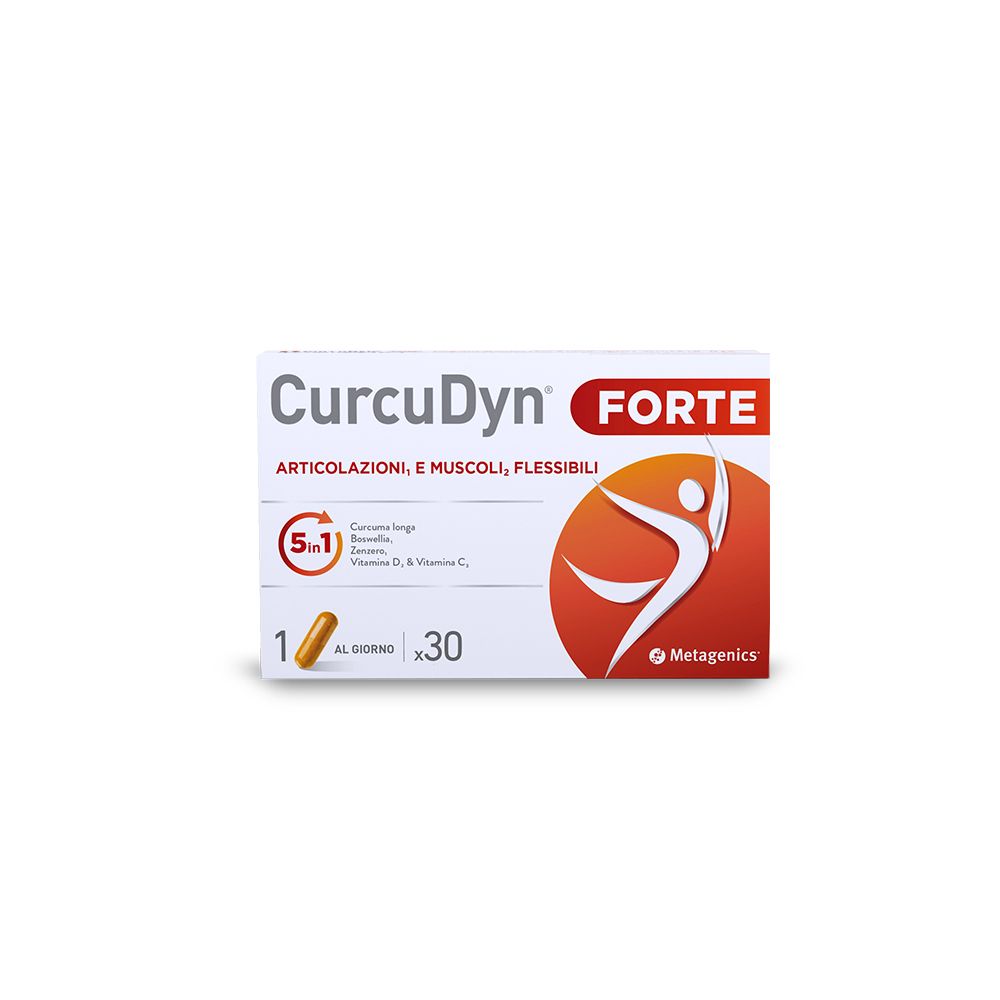 Confezione di CurcuDyn Forte. Contiene 30 capsule. Logo e testo: Articolazioni, e muscoli, flessibili.