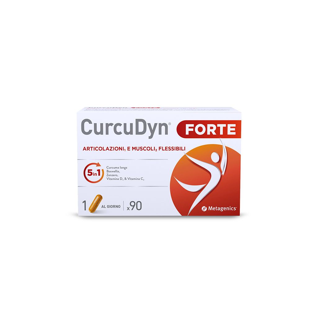 Scatola bianca con nome prodotto CurcuDyn Forte. Contiene immagine capsula, testo e logo Metagenics.