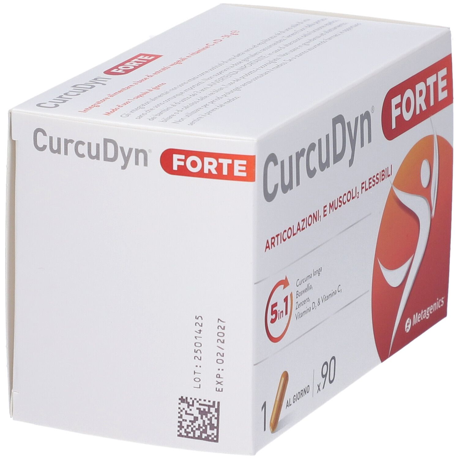 Schachtel CurcuDyn Forte. Enthält 90 Kapseln. Aufschrift: Gelenke und Muskeln, flexibel. Metagenics Logo.