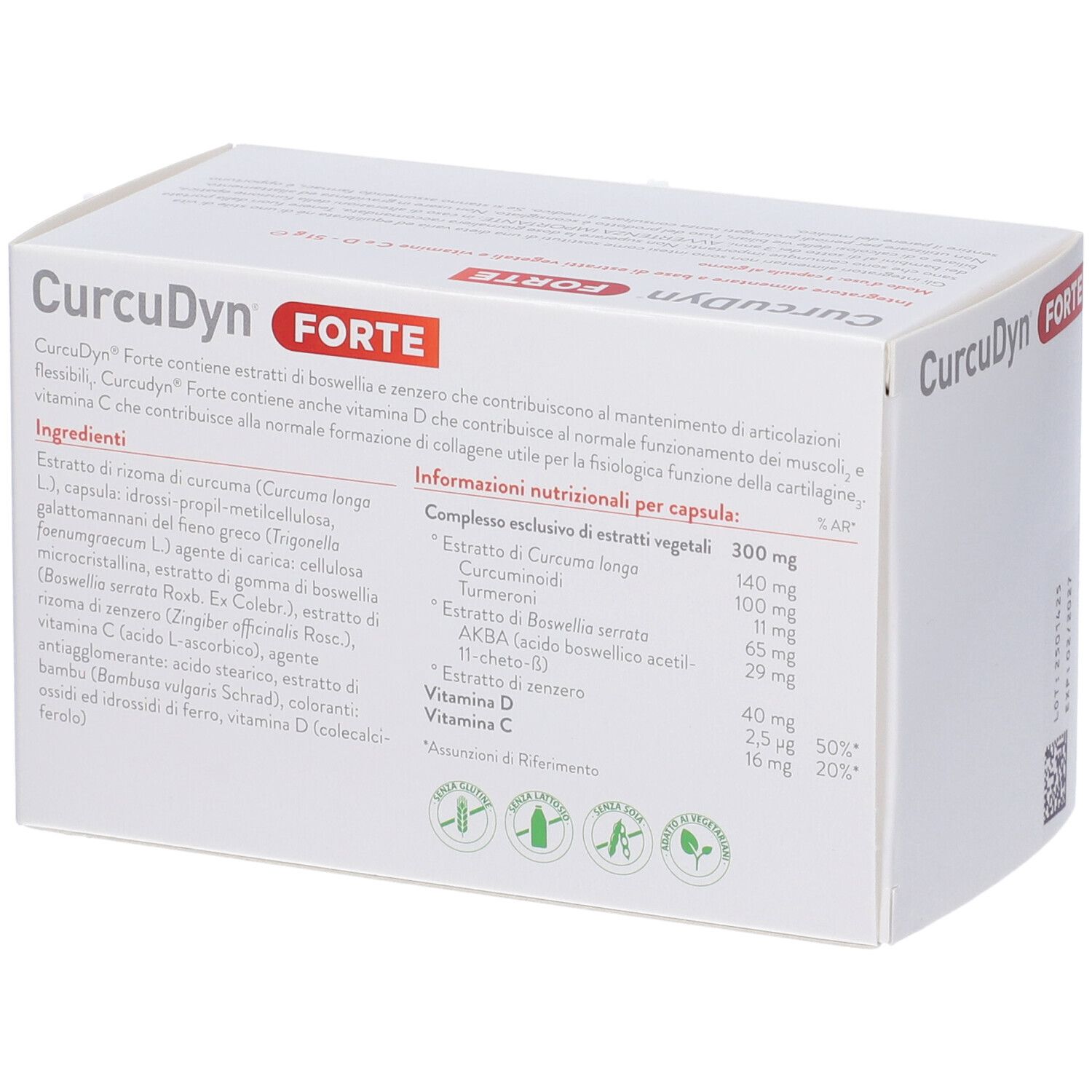 Schachtel CurcuDyn Forte. Enthält 90 Kapseln. Inhaltsangaben und Nährwertangaben. Metagenics Logo.