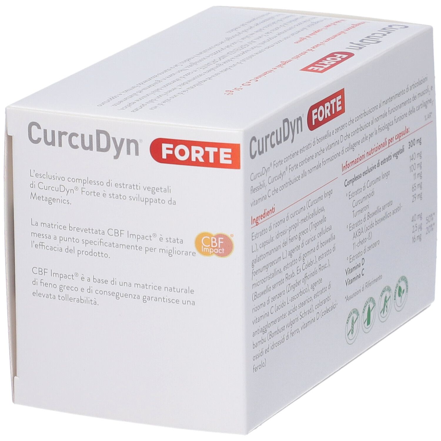 Schachtel CurcuDyn Forte. Enthält 90 Kapseln. Text über Inhaltsstoffe und CBF Impact. Metagenics Logo.