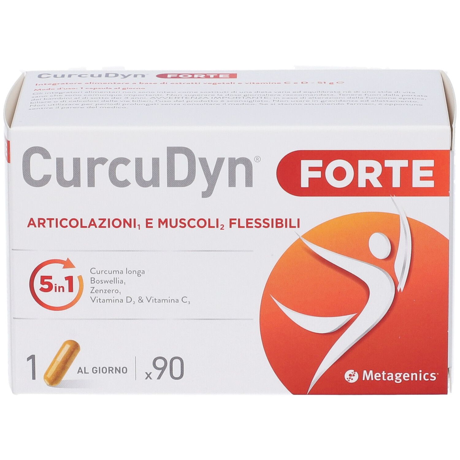 Weiße Schachtel mit Aufschrift CurcuDyn Forte. Enthält 90 Kapseln. Metagenics Logo.
