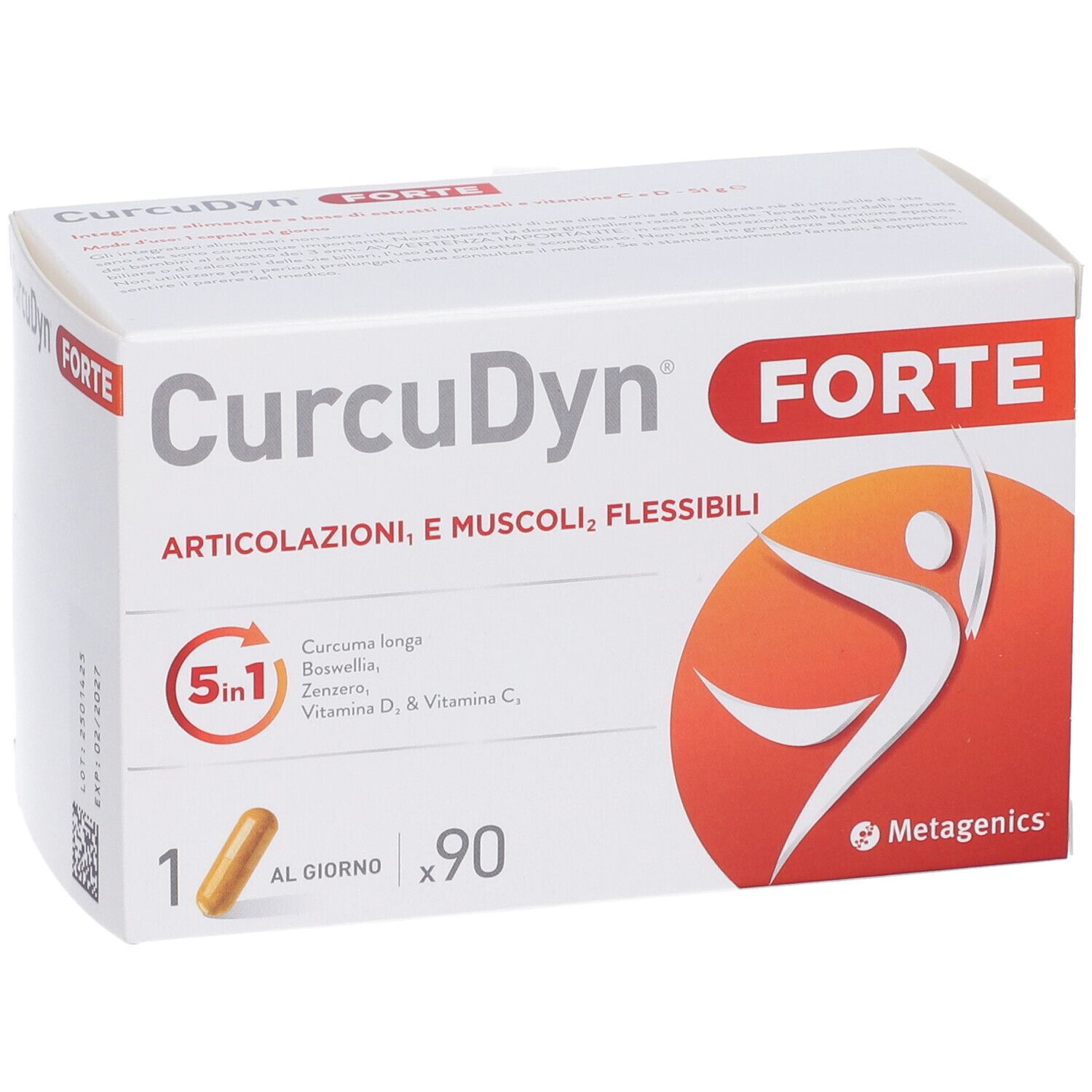 Schachtel CurcuDyn Forte. Enthält 90 Kapseln. Aufschrift: Gelenke und Muskeln, flexibel. Metagenics Logo.
