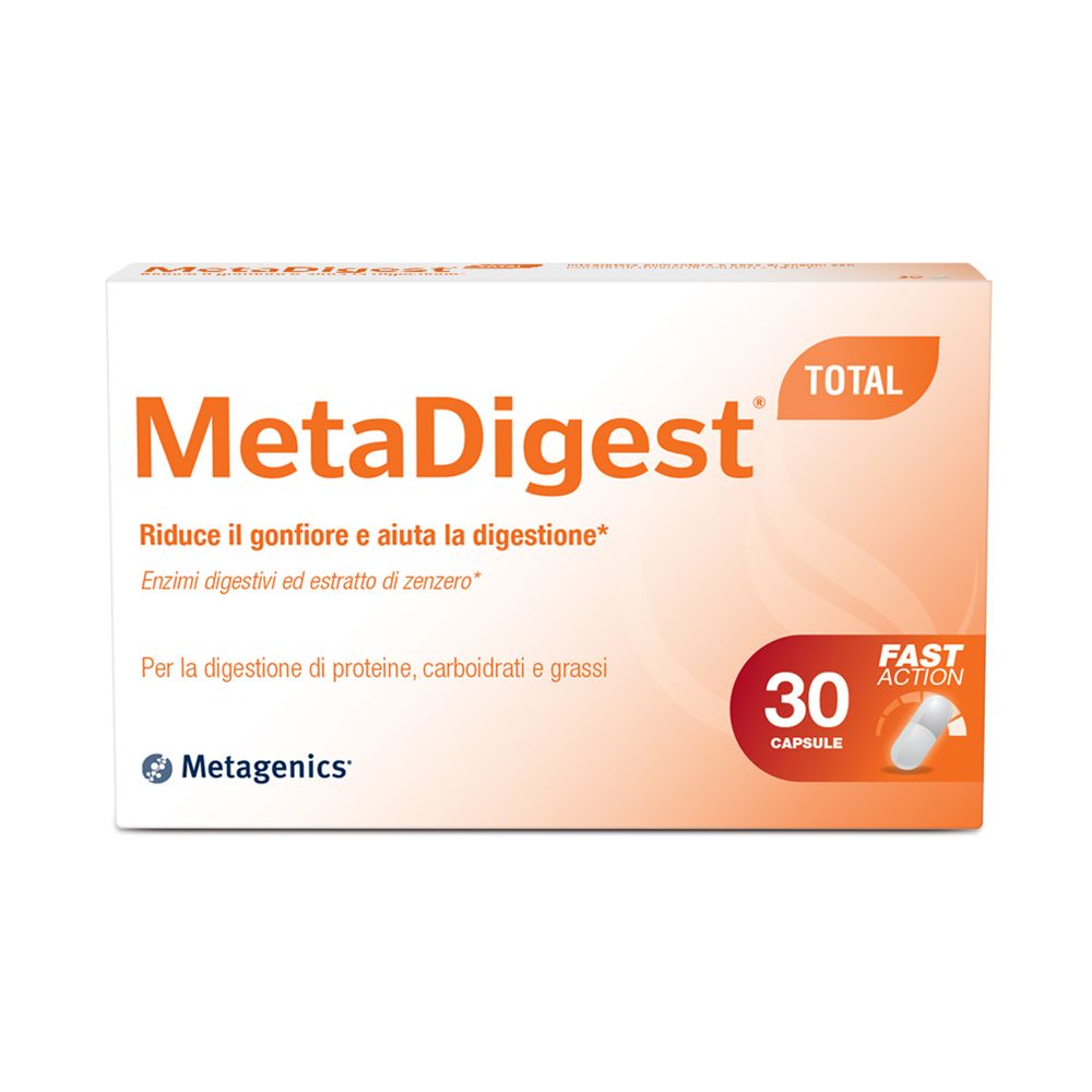 Scatola bianca MetaDigest con logo e testo. Contiene 30 capsule. Marchio Metagenics.