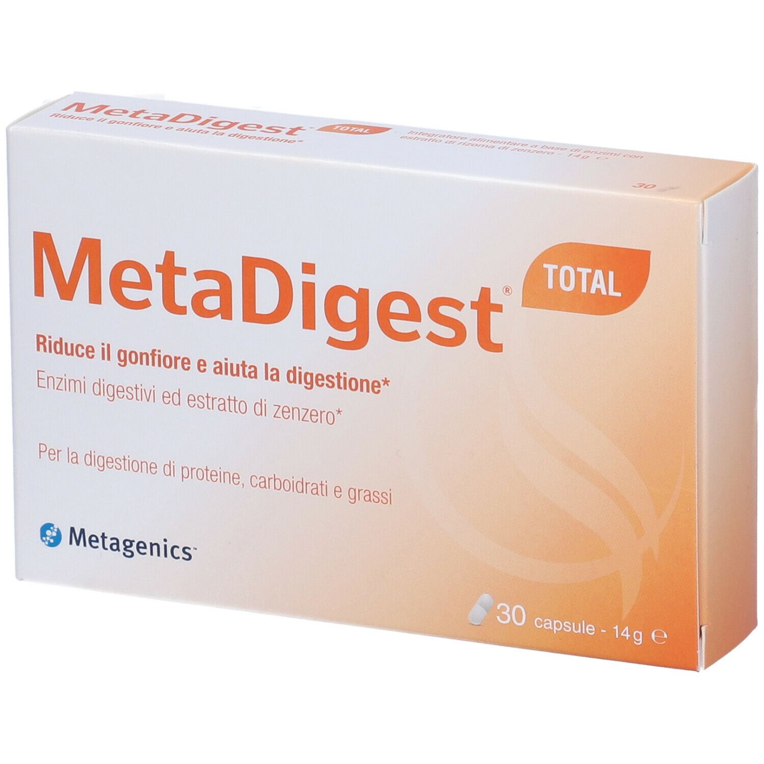 Scatola MetaDigest, bianca con sfumatura arancione. Contiene 30 capsule. Marchio Metagenics.