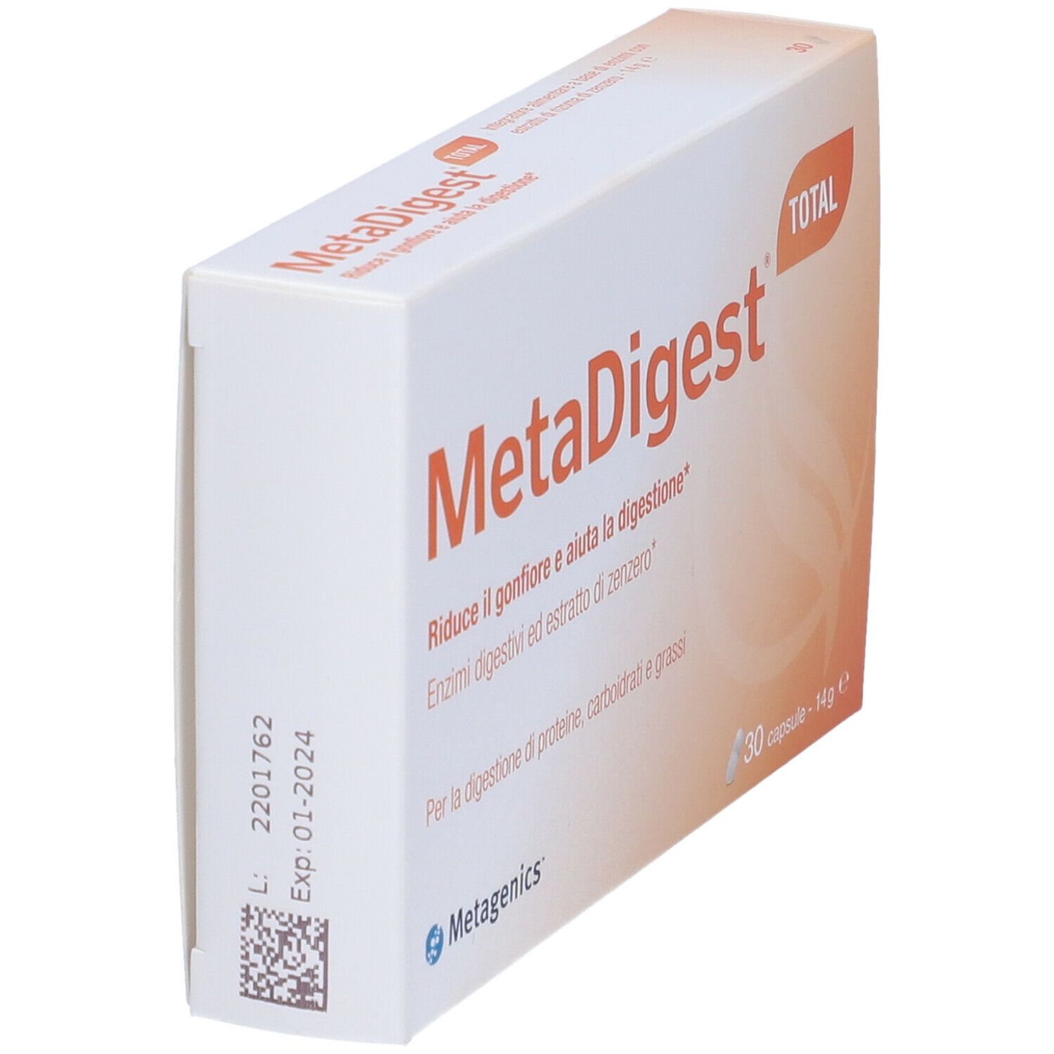 Scatola MetaDigest, bianca con testo e logo. Contiene 30 capsule. Marchio Metagenics.