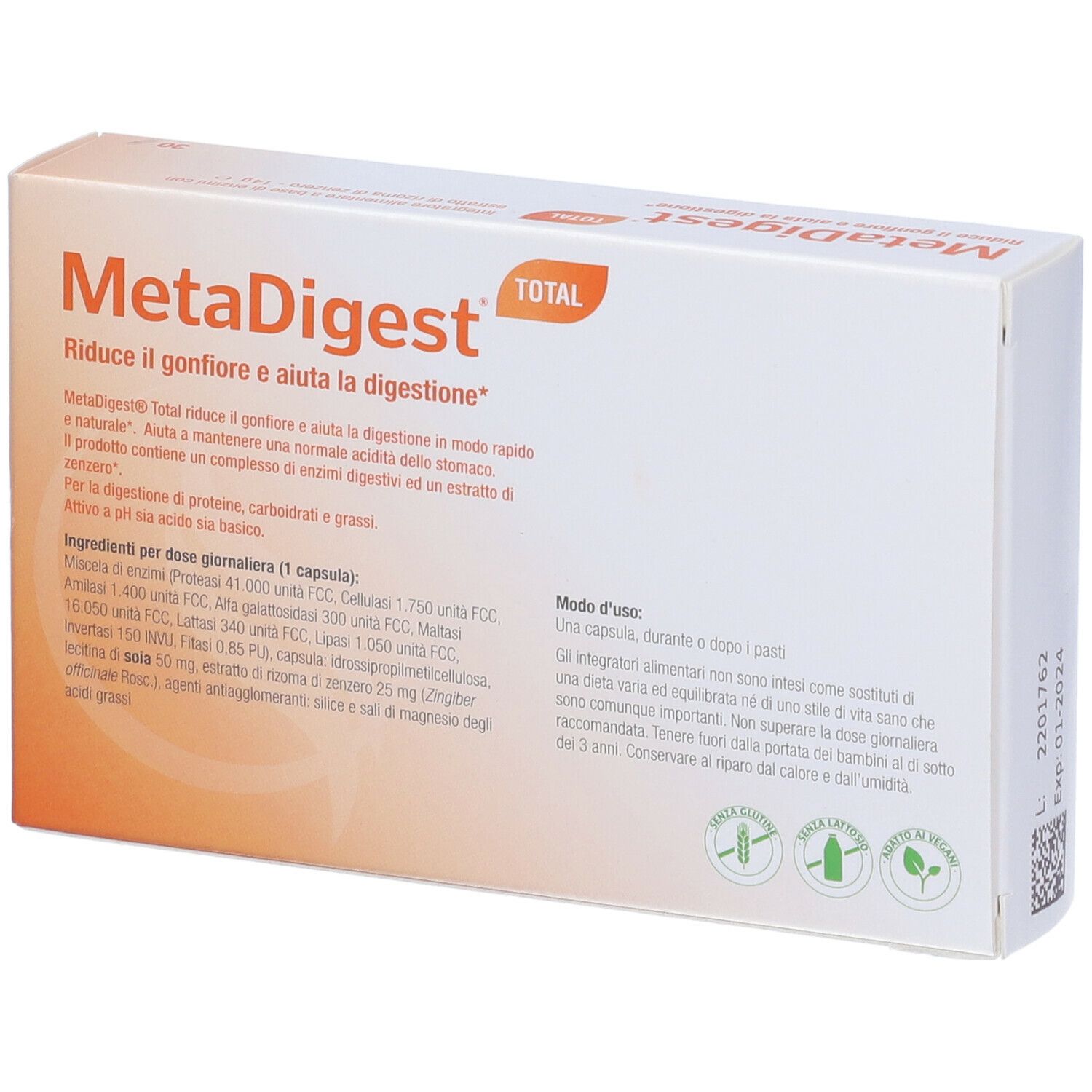 Scatola MetaDigest, bianca con testo e logo. Contiene 30 capsule. Marchio Metagenics.