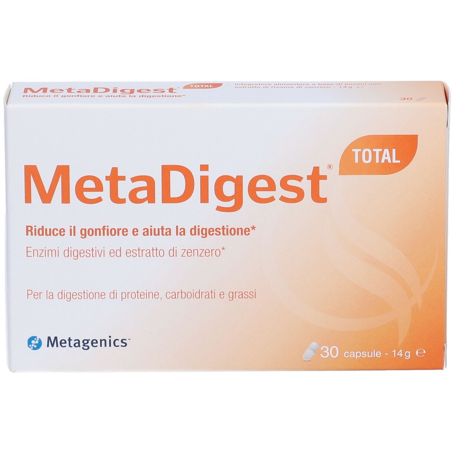 Scatola bianca MetaDigest con testo e logo. Contiene 30 capsule. Marchio Metagenics.