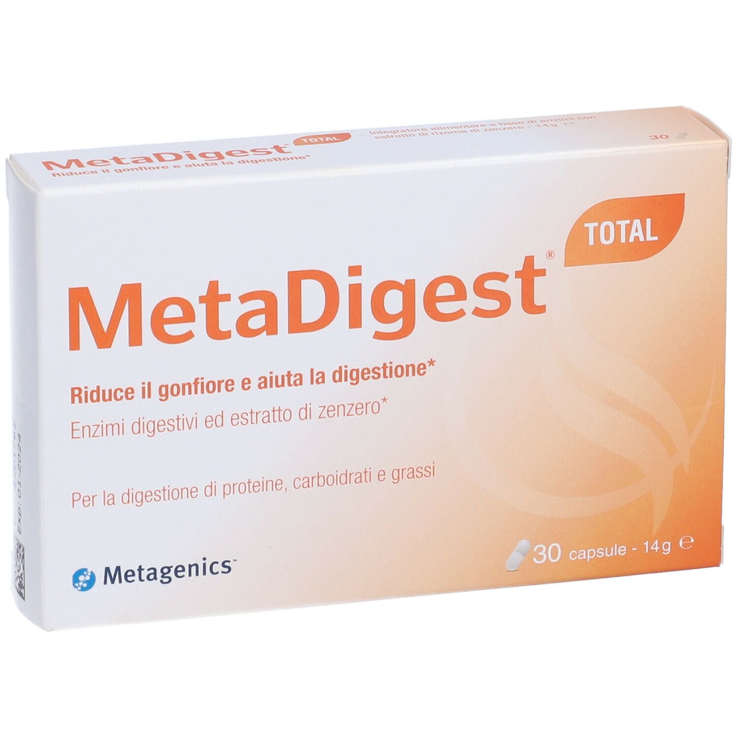 Scatola bianca MetaDigest con testo e logo. Contiene 30 capsule. Marchio Metagenics.