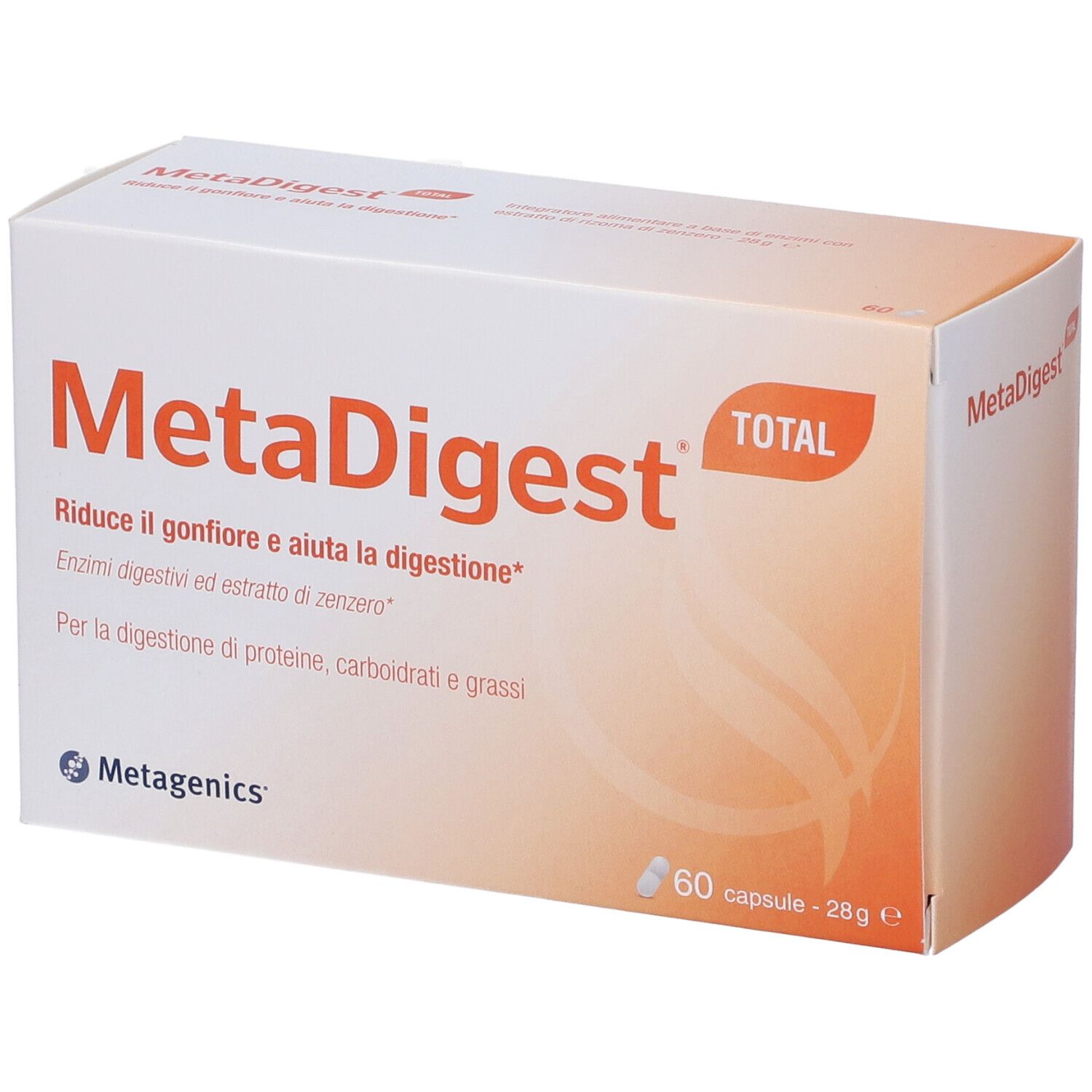 Confezione di MetaDigest Total. Contiene 60 capsule. Scritta: Riduce il gonfiore e aiuta la digestione.