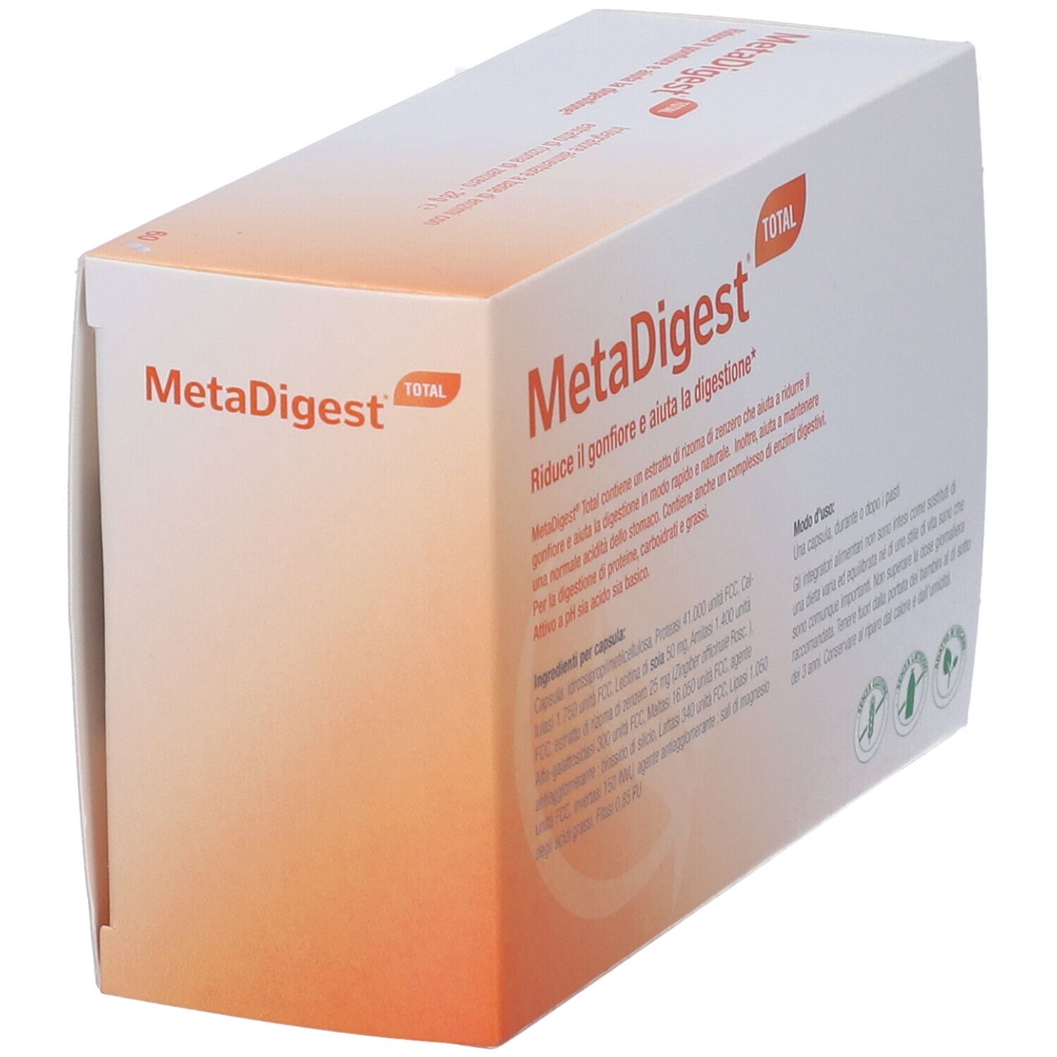 Confezione di MetaDigest Total. Contiene 60 capsule. Testo sugli ingredienti e l'uso. Marchio Metagenics.