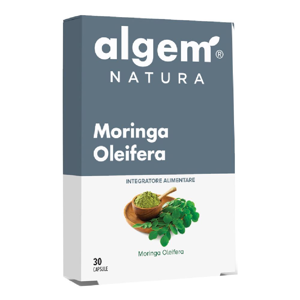 Confezione in cartone con logo e nome del prodotto. Testo: Moringa Oleifera, 30 capsule. Illustrazione: foglie e polvere di Moringa.